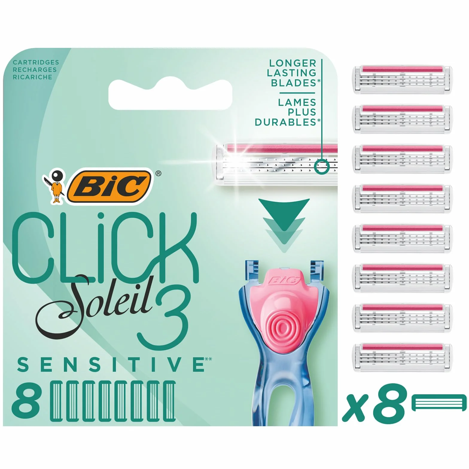 BIC Click 3 Soleil Sensitive damskie wkłady do golarki, 3 ruchome ostrza i pasek smarowy - pudełko z 8 wkładami