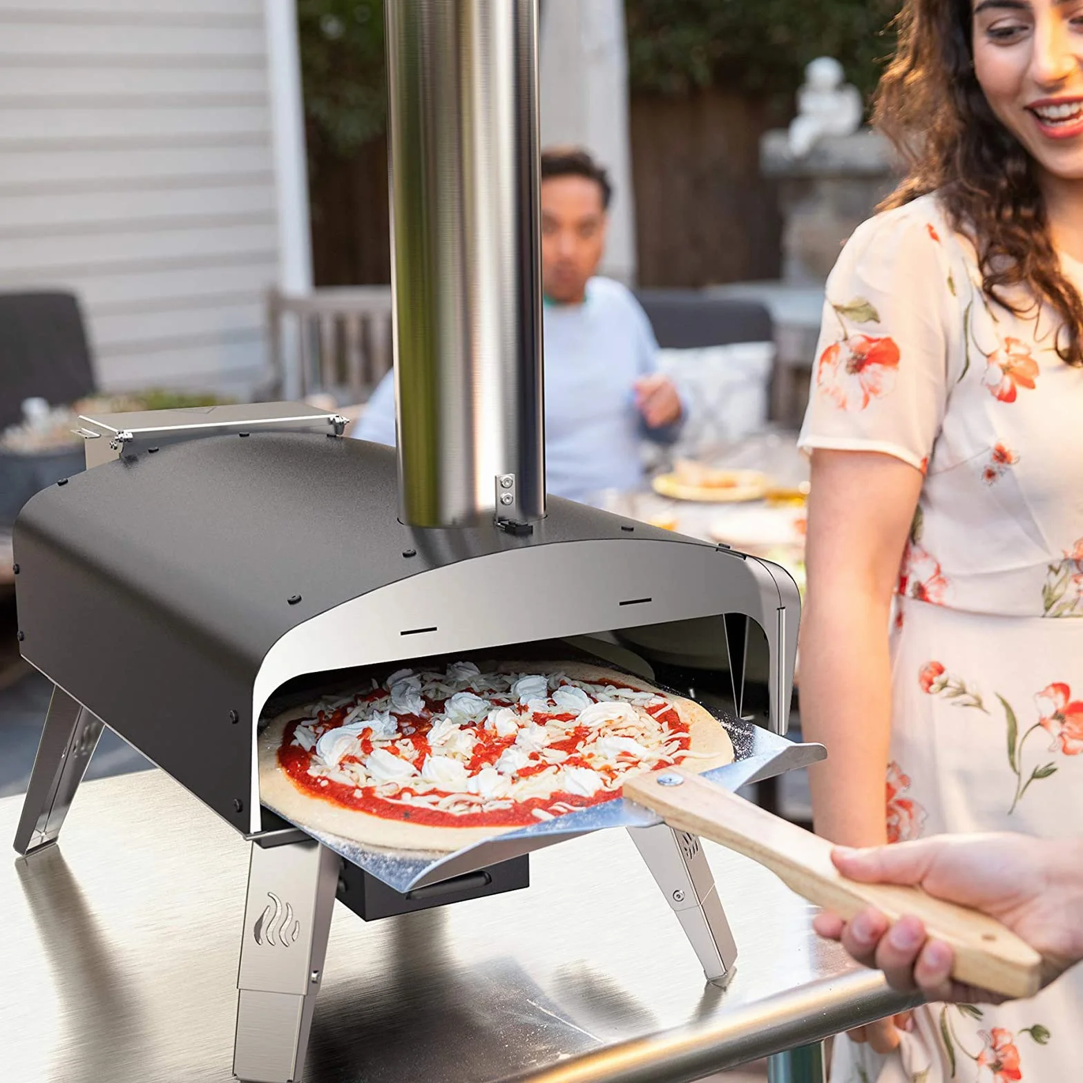 Mimiuo piec do pizzy na drewno i pellet z kamieniem do pizzy, automatyczny obrotowy, czarny