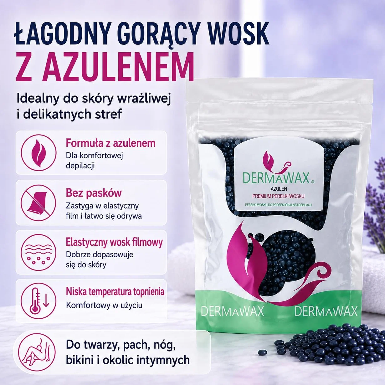 Dermawax 1 kg pereł woskowych z azulenu – kojący gorący wosk bez pasków z włókniny do usuwania włosów – delikatne dla skóry wrażliwej – do twarzy, okolic intymnych, nóg i pach, wyprodukowano we
