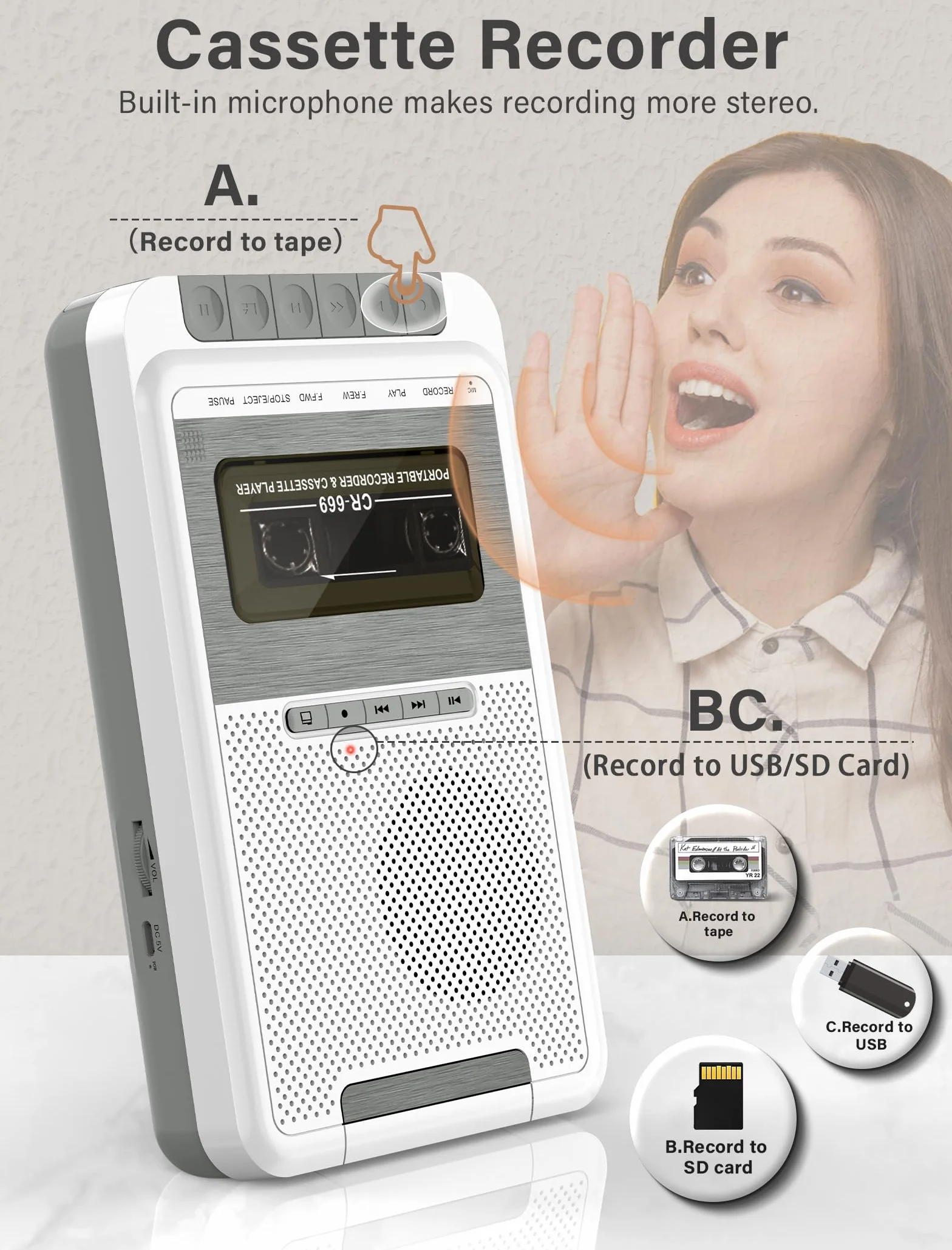 Konwerter magnetofonowy, przenośna kaseta do muzyki MP3 za pomocą dysku U/karty SD lub komputera, nagrywanie na kasety/USB/kartę SD za pomocą mikrofonu, magnetofon kasetowy z gniazdem słuchawkowym
