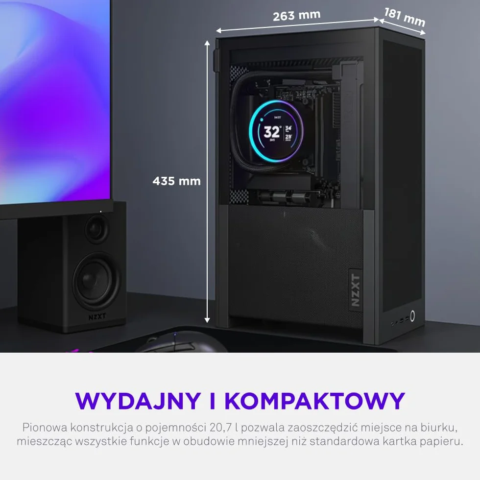 NZXT H2 Flow – obudowa PC Mini-ITX 20,7 l o wysokim przepływie powietrza – zawiera 2 wentylatory górne 120 mm i kabel riser PCIe 5.0 – karta graficzna 331 mm – radiator 280 mm – Czarny