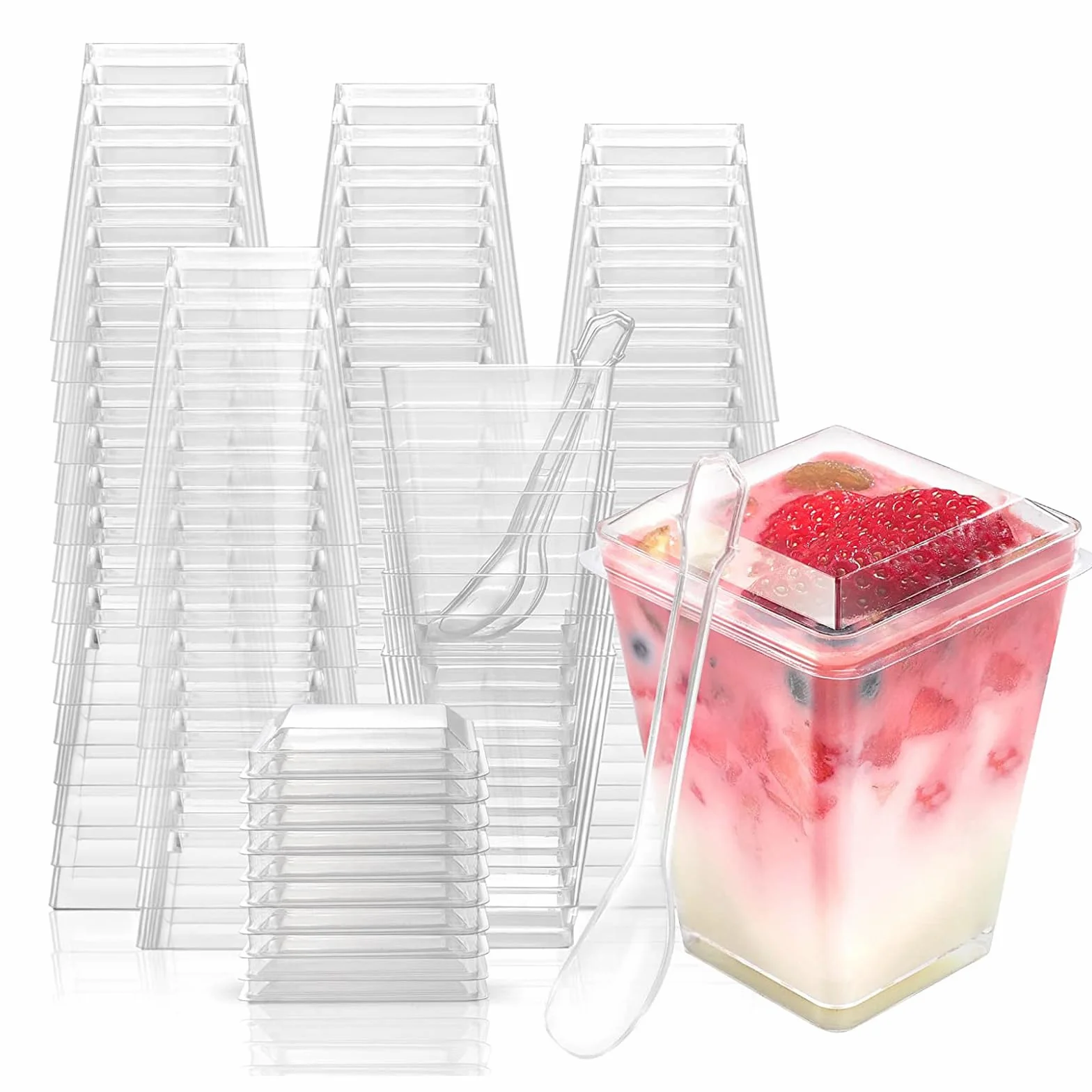 PALUDO 50 Sztuk Kubków Deserowych z Pokrywkami i Łyżkami, 150 ml, Plastikowe Zestaw