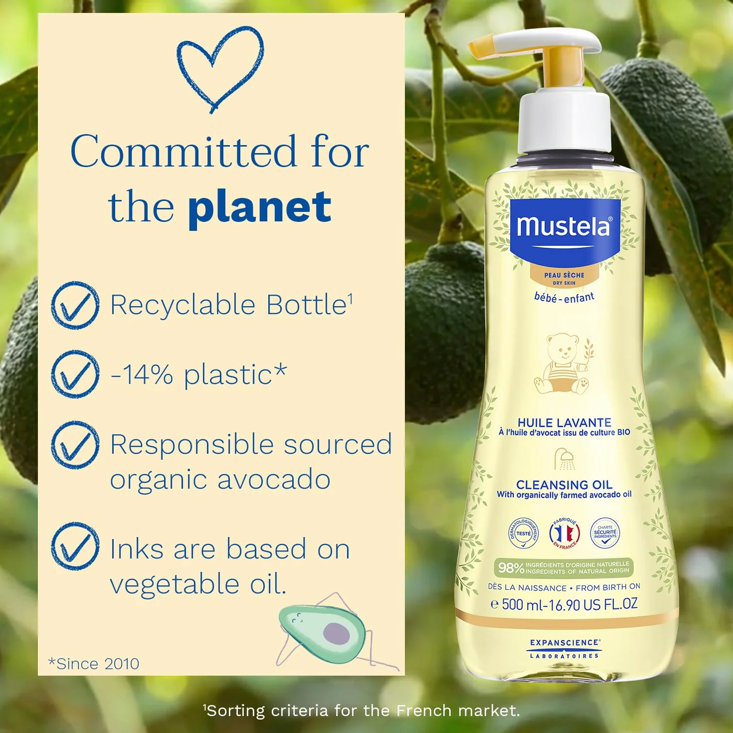 Mustela Olejek do kąpieli Awokado Perseose BIO, ciało i makijaż, dziecko i cała rodzina - nie pali oczu, specyficzny dla skóry suchej, 98% naturalnych składników (500ml)