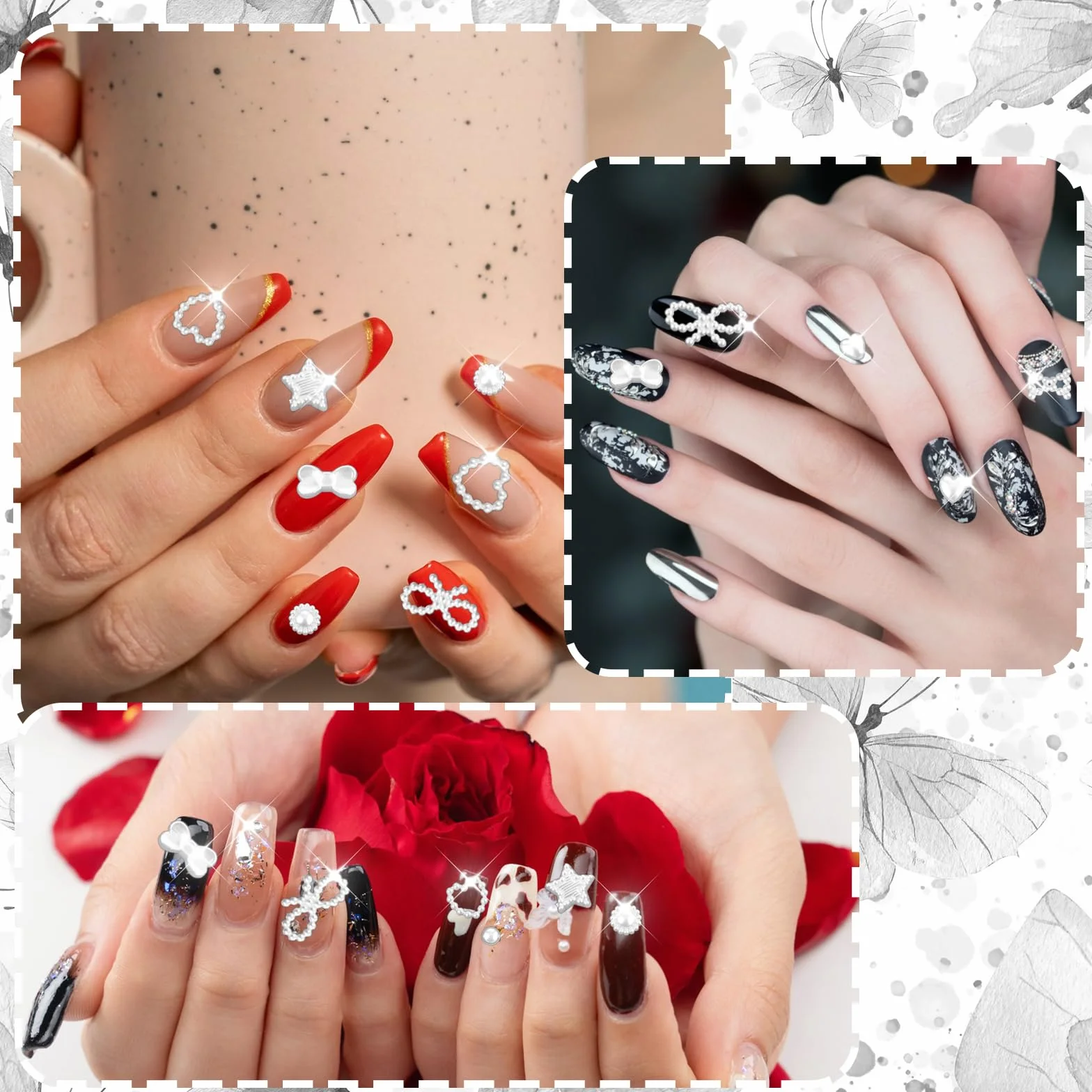 WLLHYF 500 sztuk zawieszek do paznokci 3D, różne kształty, koraliki z płaskim tyłem, kokardka, gwiazda, serce, kwiat, mieszane, urocze aplikacje do manicure, puste perły, dekoracja paznokci