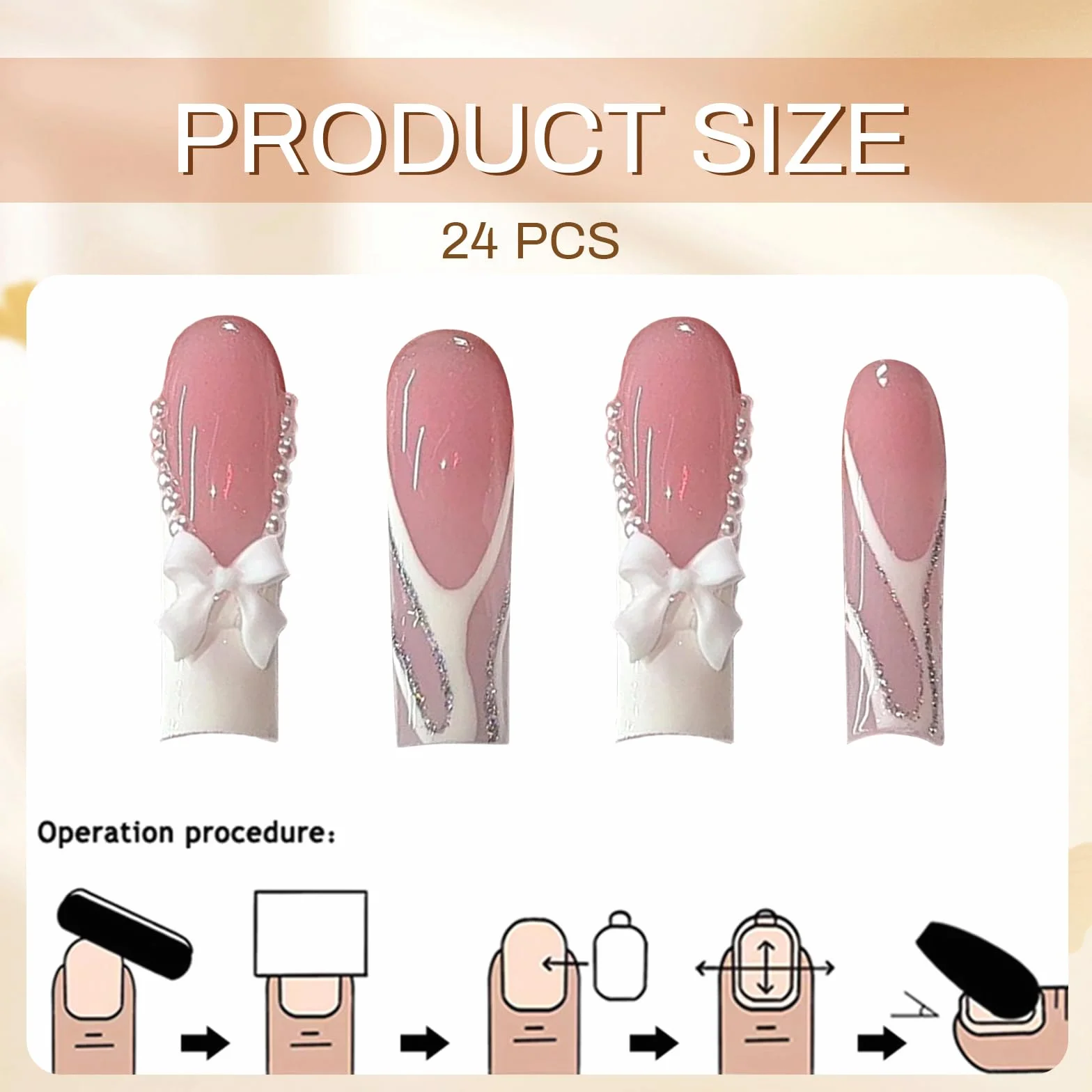 GlamRays French Tip Press On Nails długie, kwadratowe, sztuczne paznokcie, błyszczące, trumienne, sztuczne paznokcie z kokardą i strasem, biała francuska końcówka z perłowymi wzorami, akrylowe