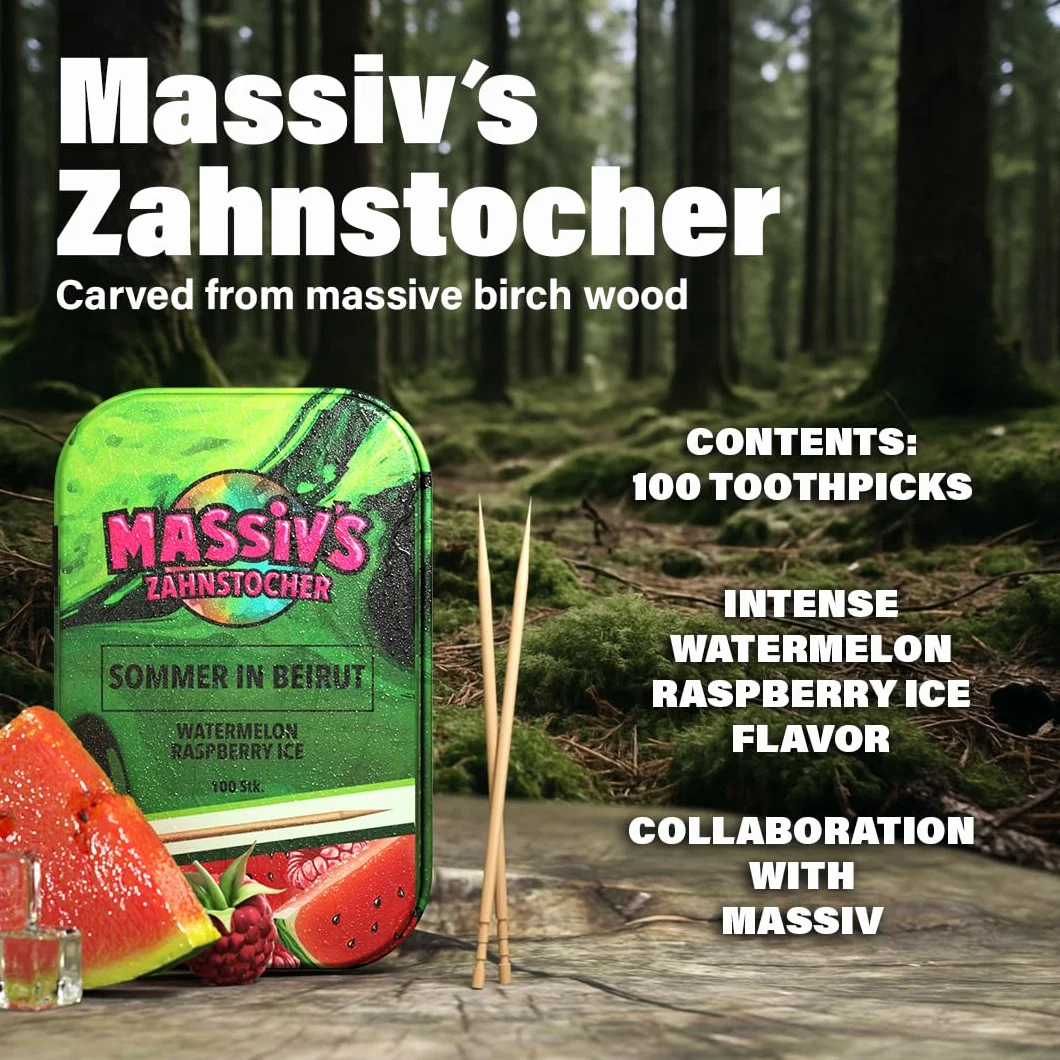 Massiv's Toothpicks Smakowe wykałaczki SOMMER IN BEIRUT Watermelon Raspberry Ice 100 sztuk metalowa puszka Wegańskie