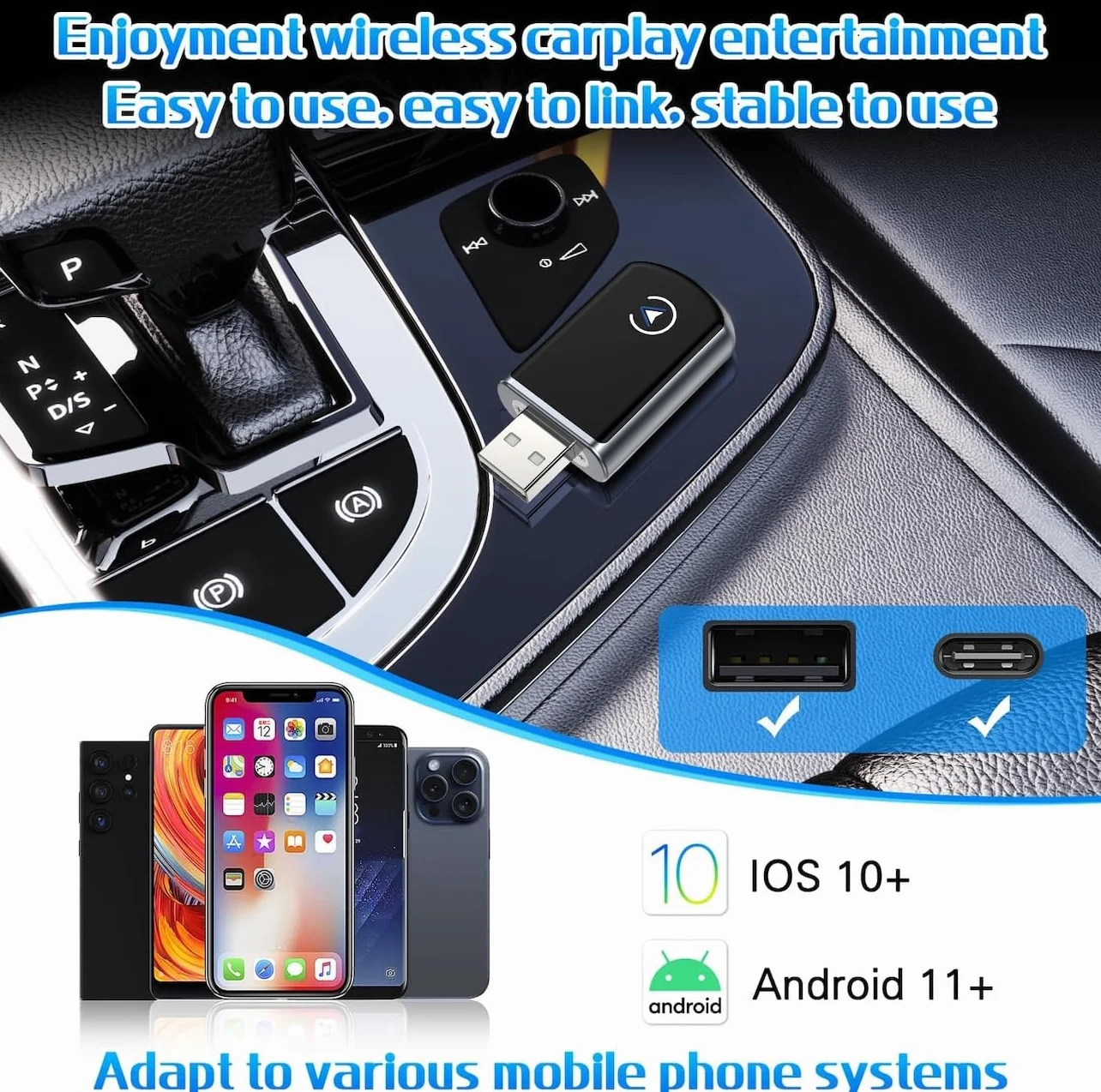 CarPlay bezprzewodowy klucz sprzętowy,szybka reakcja, szybkość transferu 5,0 GHz, automatyczne połączenie, asystent głosowy, plug-and-play,kompatybilny z aktualizacją OTA