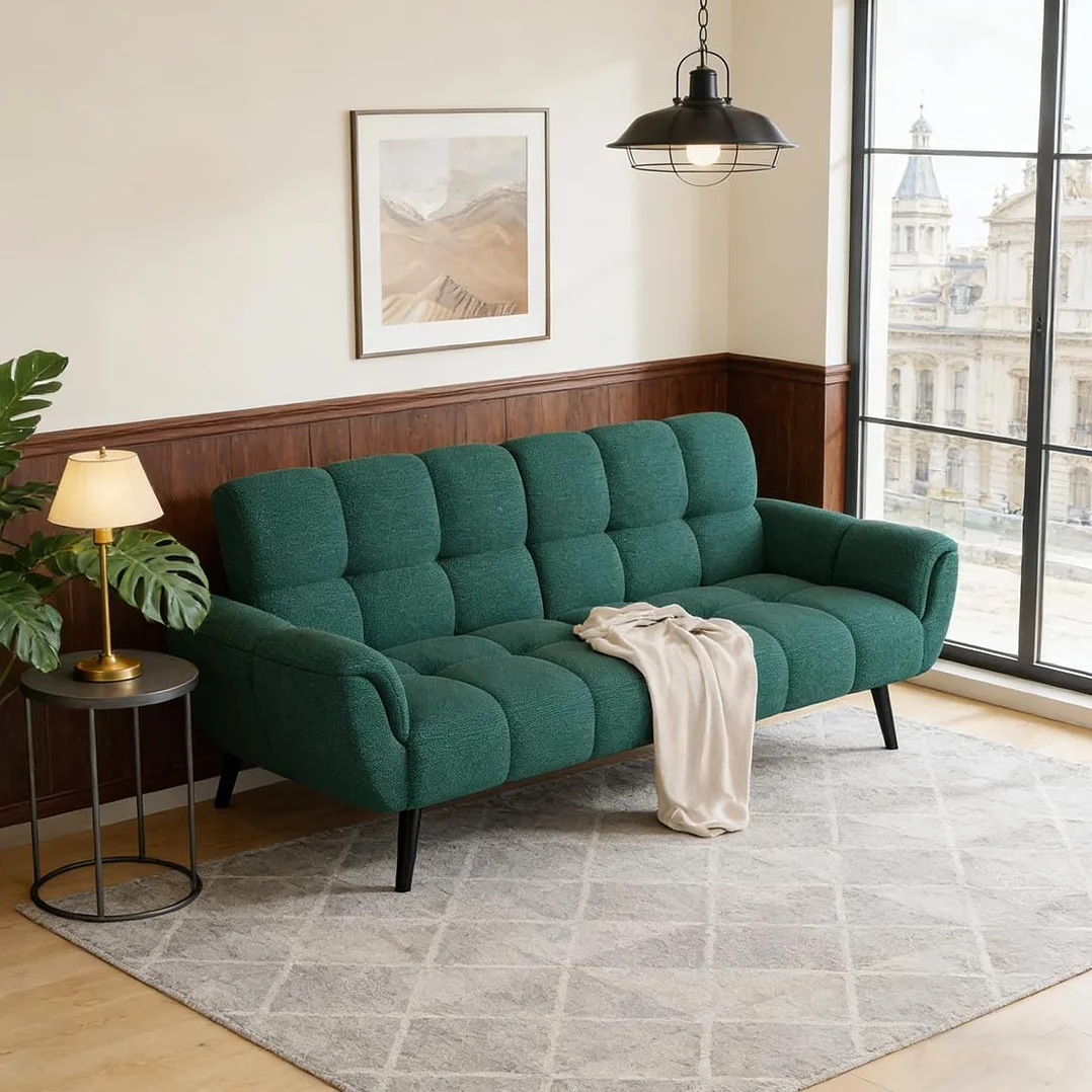 JIEXI Futon 195cm Modern Linen Sofa Bed with Adjustable Backrests Yellow 4 in 1 Convertible