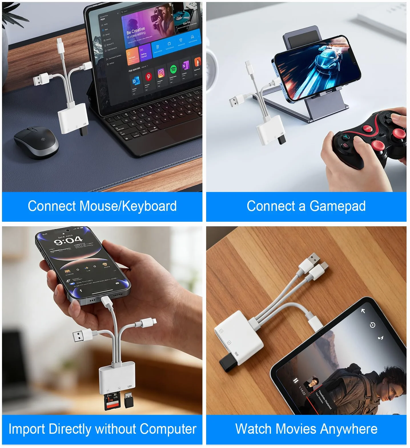 【Certyfikat Apple MFI】 Czytnik kart SD iPhone, USB-C & Lightning i USB-A, czytnik kart pamięci SD/TF/USB OTG, czytnik kart SD do iPhone'a/iPada/aparatu, czytnik kart iPhone, Plug & Play