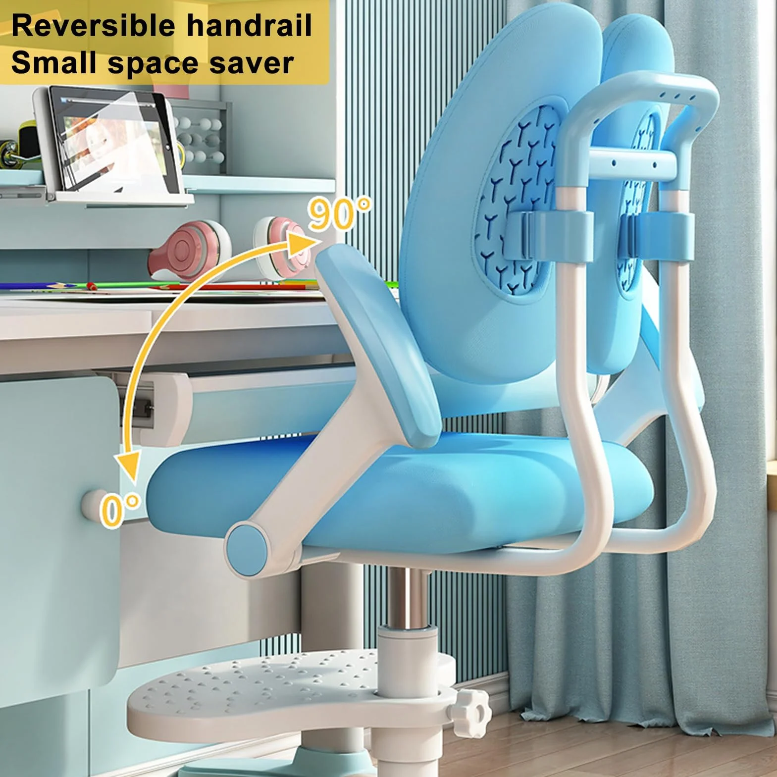 Ergonomiczne krzesło biurowe dla dzieci i młodzieży, z regulacją wysokości, podnóżkiem i regulowanymi kółkami, niebieskie