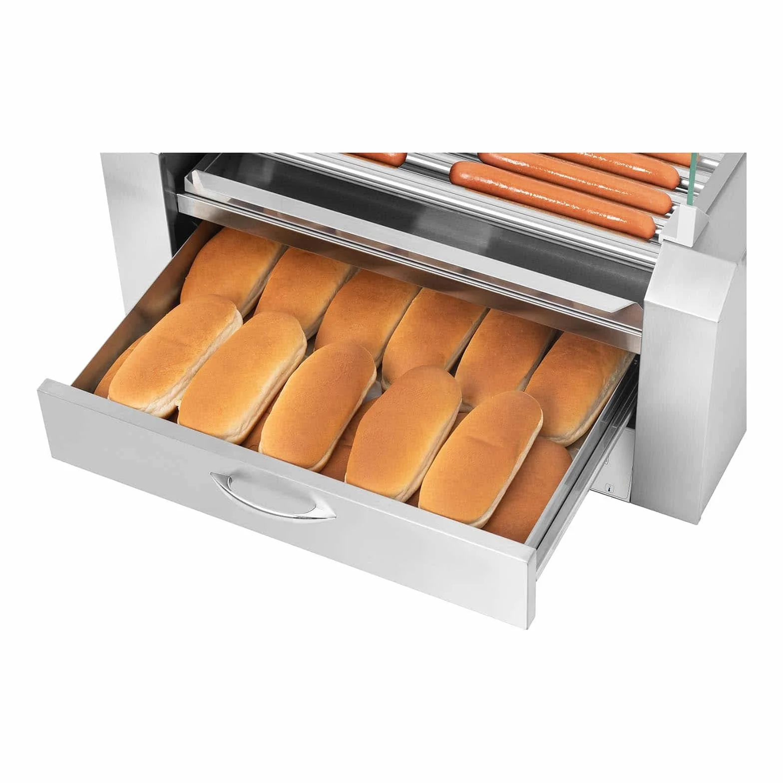 Royal Catering - Hot Dog Grill Hot Dog Maszyna (9 kółek, stal nierdzewna, 2200 W, 2 strefy grzewcze, wyjmowana szuflada na tłuszcz, szuflada na ciepło, 16 kiełbasek, z pokrywą ze szkła hartowanego)