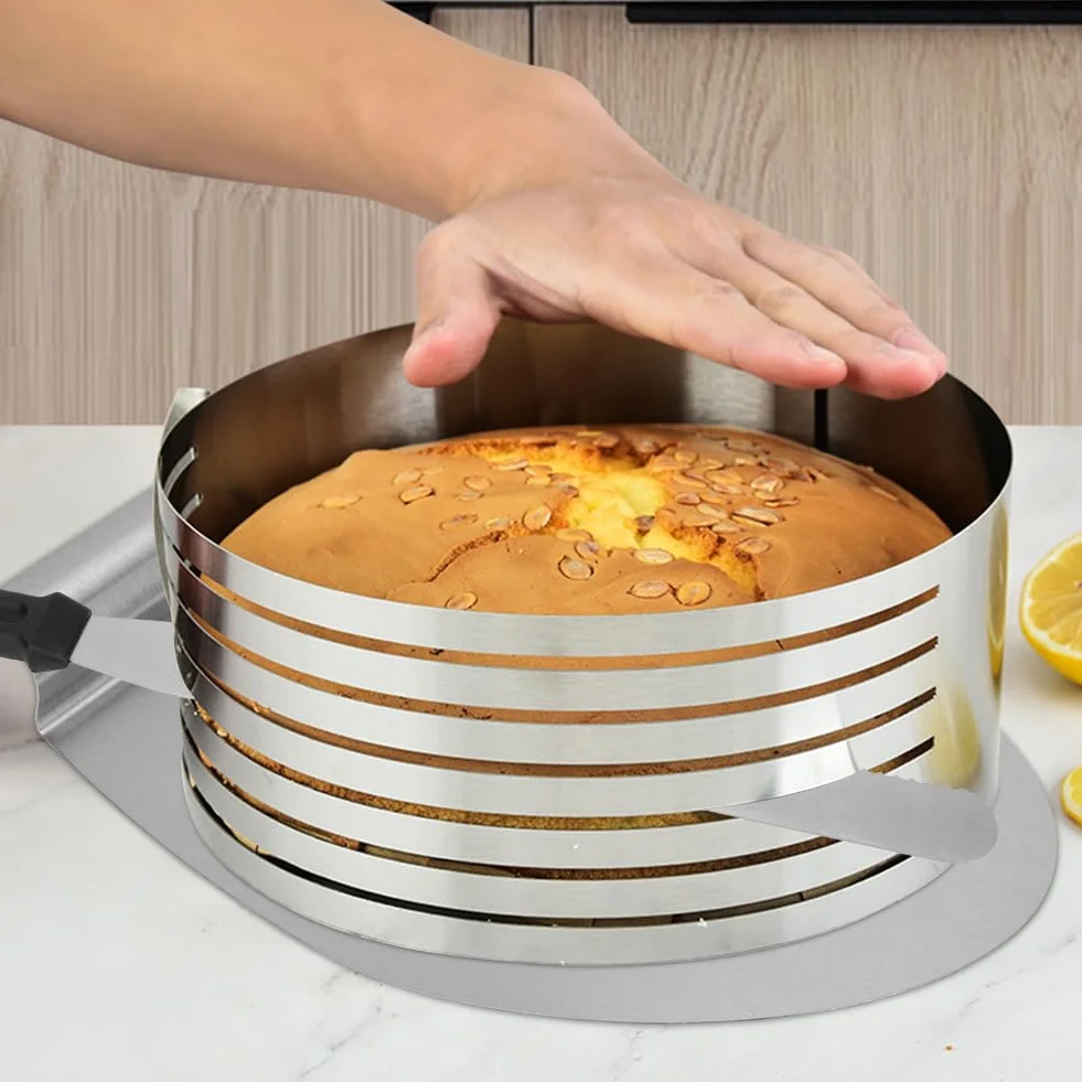 Yuragim Pomoc do cięcia dna tortu + pierścień do tortu regulowany + nóż do tortu długi + łopatka do tortów ze stali nierdzewnej, 5 sztuk, pomoc do krojenia tortów, akcesoria do pieczenia, akcesoria do