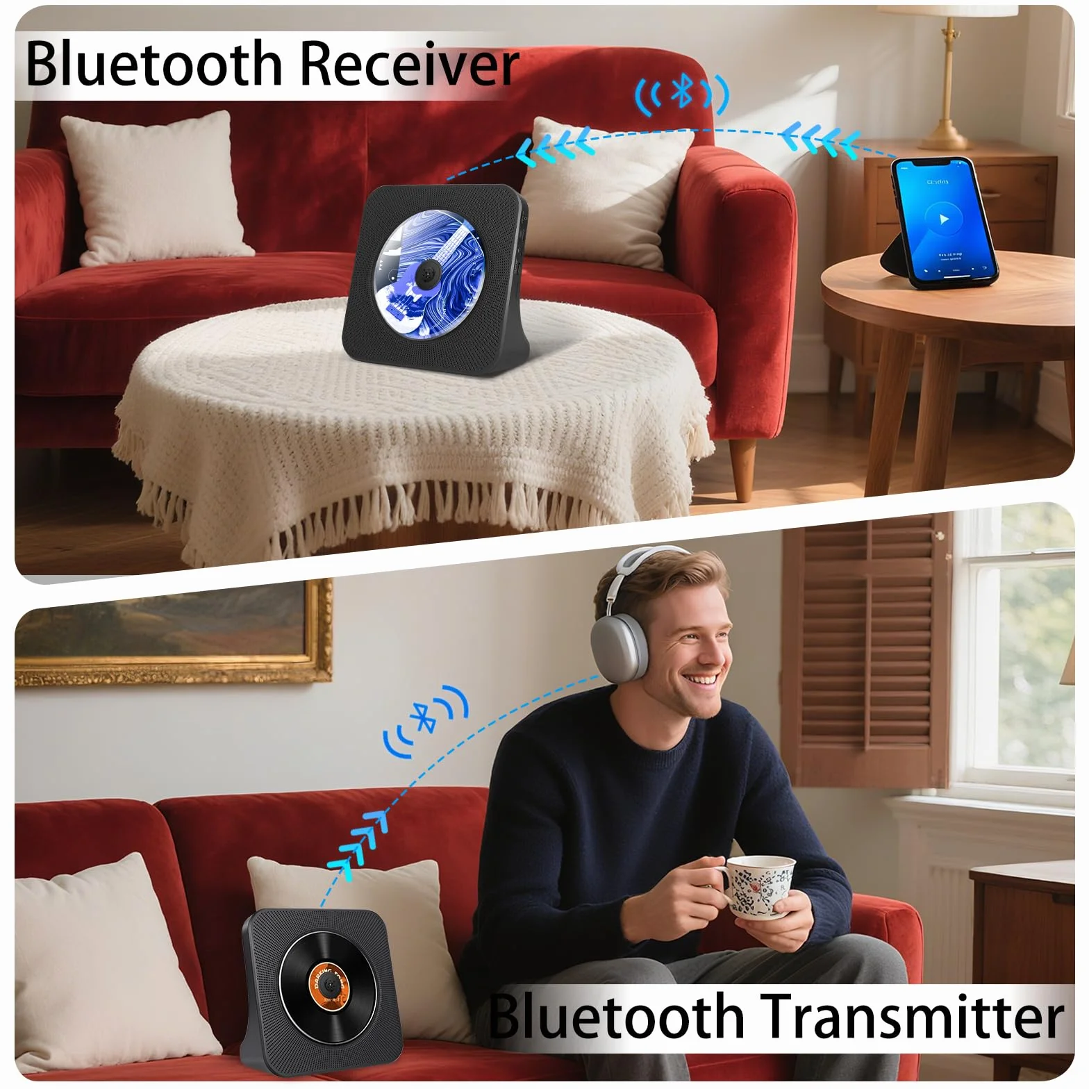 Biurkowy odtwarzacz CD z Bluetooth 5.0, odtwarzacz CD z wbudowanymi podwójnymi głośnikami stereo, przenośny odtwarzacz muzyka z radiem FM/Audio Boombox/AUX/USB