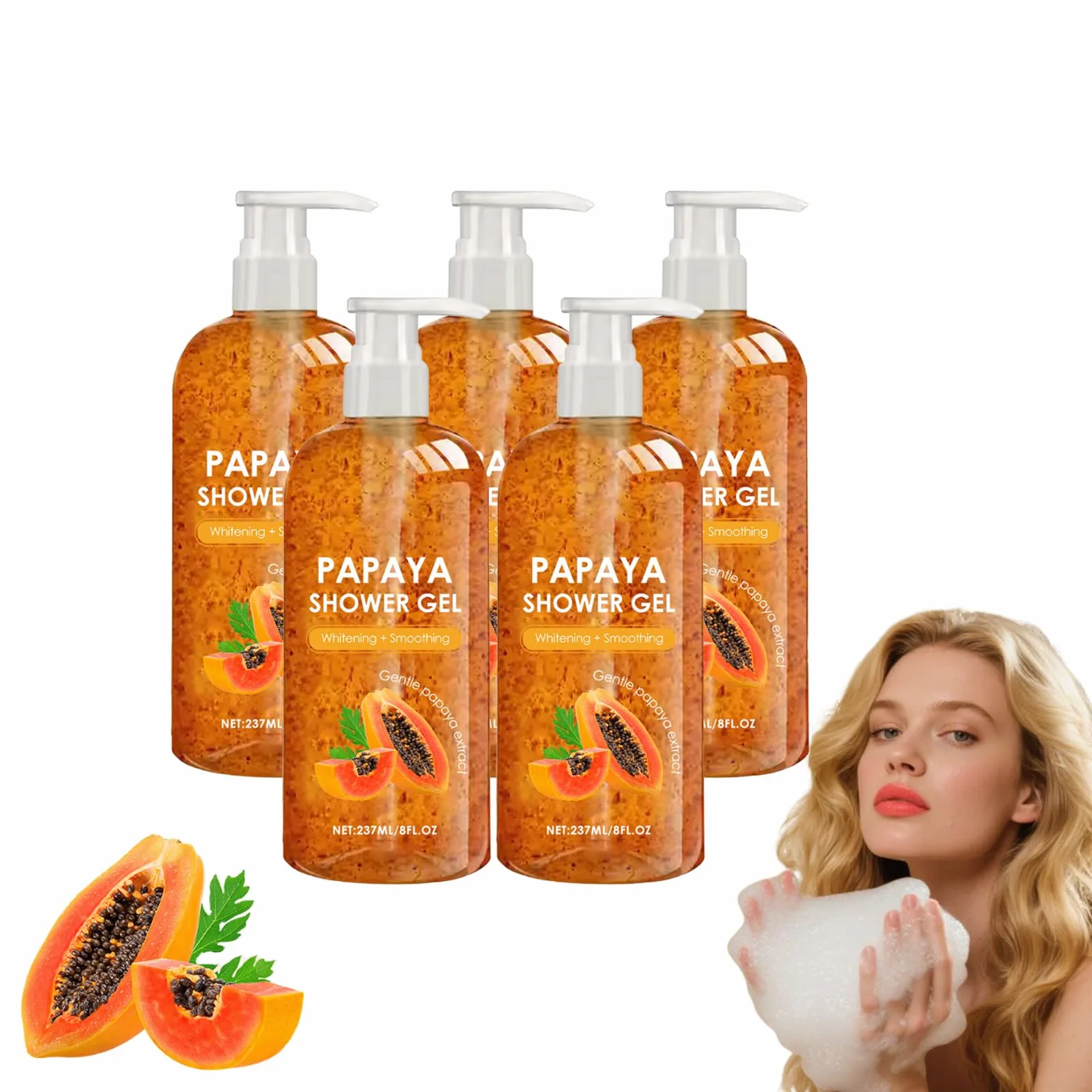 Papaya złuszczający żel pod prysznic z witaminą E - rozjaśniający żel do mycia ciała dla gładkiej, miękkiej skóry, delikatny orzeźwiający owocowy zapach dla każdego rodzaju Skóry, 290g (5 butelek)