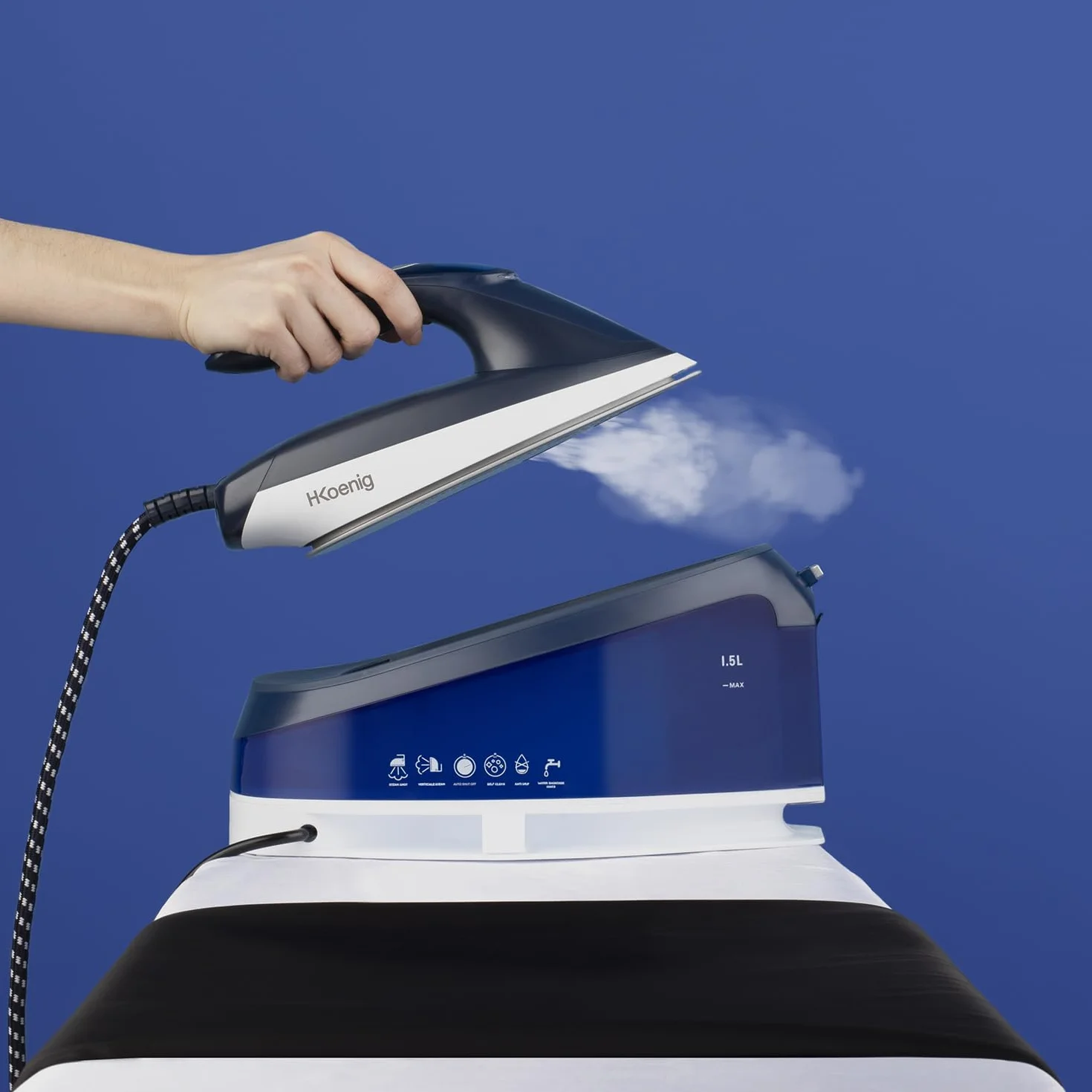 H.Koenig V7 Centrum prasowania 2200W Przepływ pary 120 g/min 5,5 bara Stopa ceramiczna Niebieski