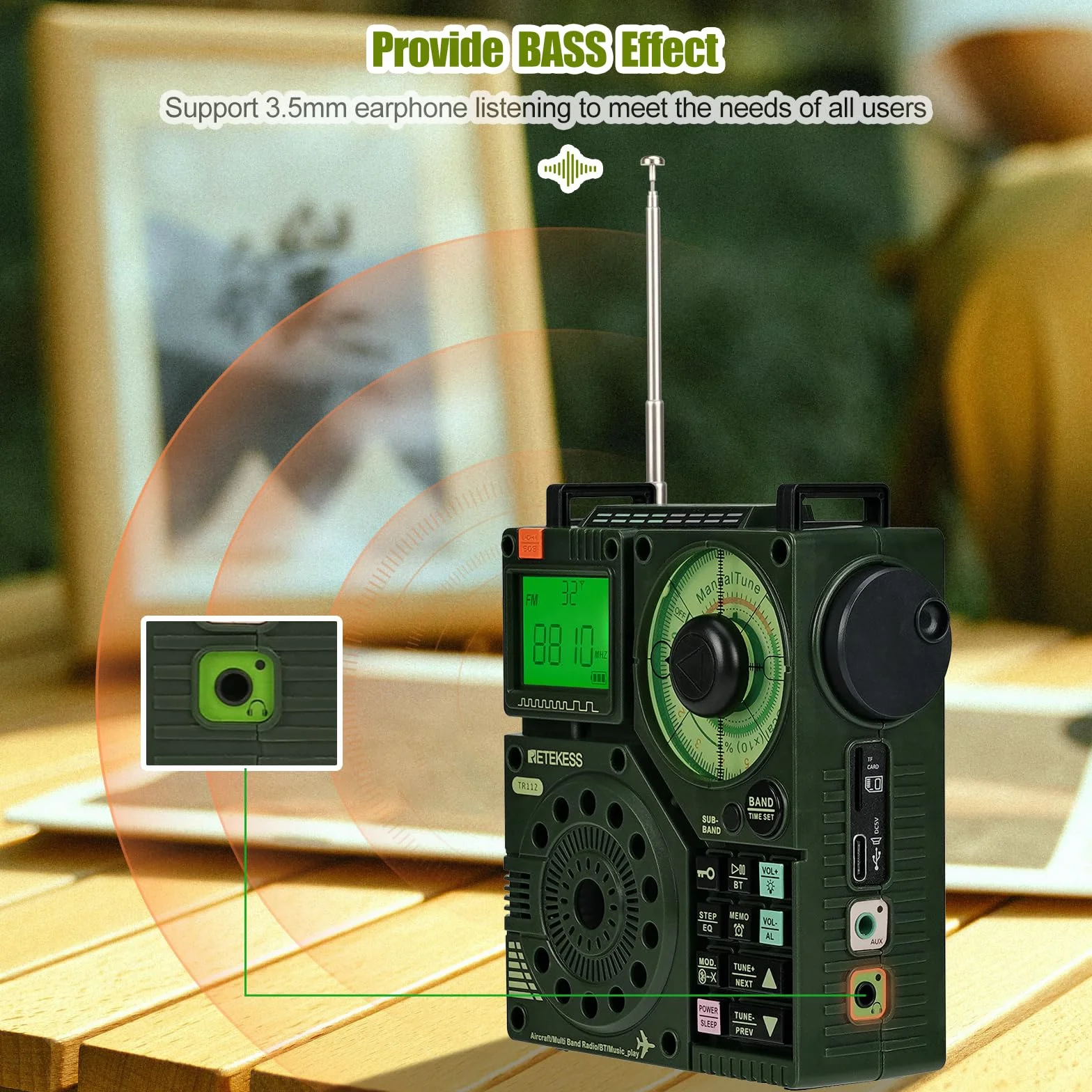 Retekess TR112 krótkofalowe radio, FM VHF SW AIR Band przenośne radio kieszonkowe, obsługa sterowania aplikacją, ładowanie, dźwięk basowy stereo SOS, TF/MP3, odpowiednie dla entuzjastów