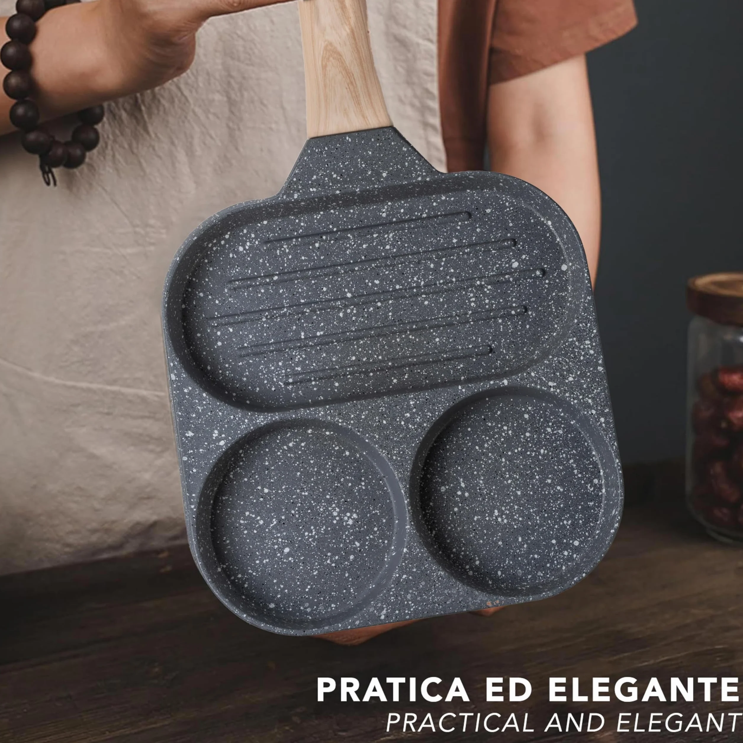 IPEA Nieprzywierająca patelnia do naleśników do indukcji i gazu – 21 cm, aluminiowa patelnia antyadhezyjna, do omletów, naleśników, jaj, hamburgerów, patelni z 4 formami - Super wygodny uchwyt
