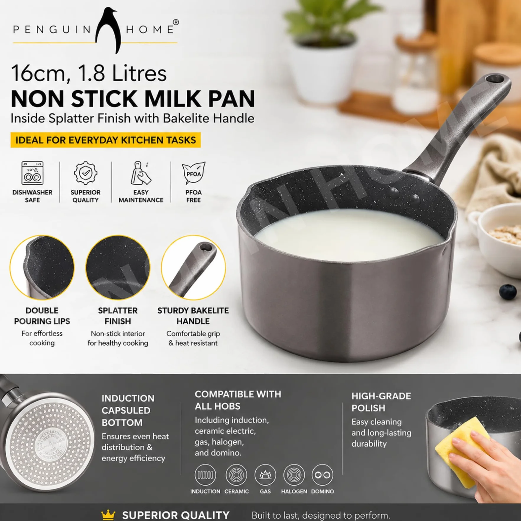 Penguin Home Patelnia do mleka nieprzywierająca twarda anodowana indukcyjna 16 cm 1,8 l