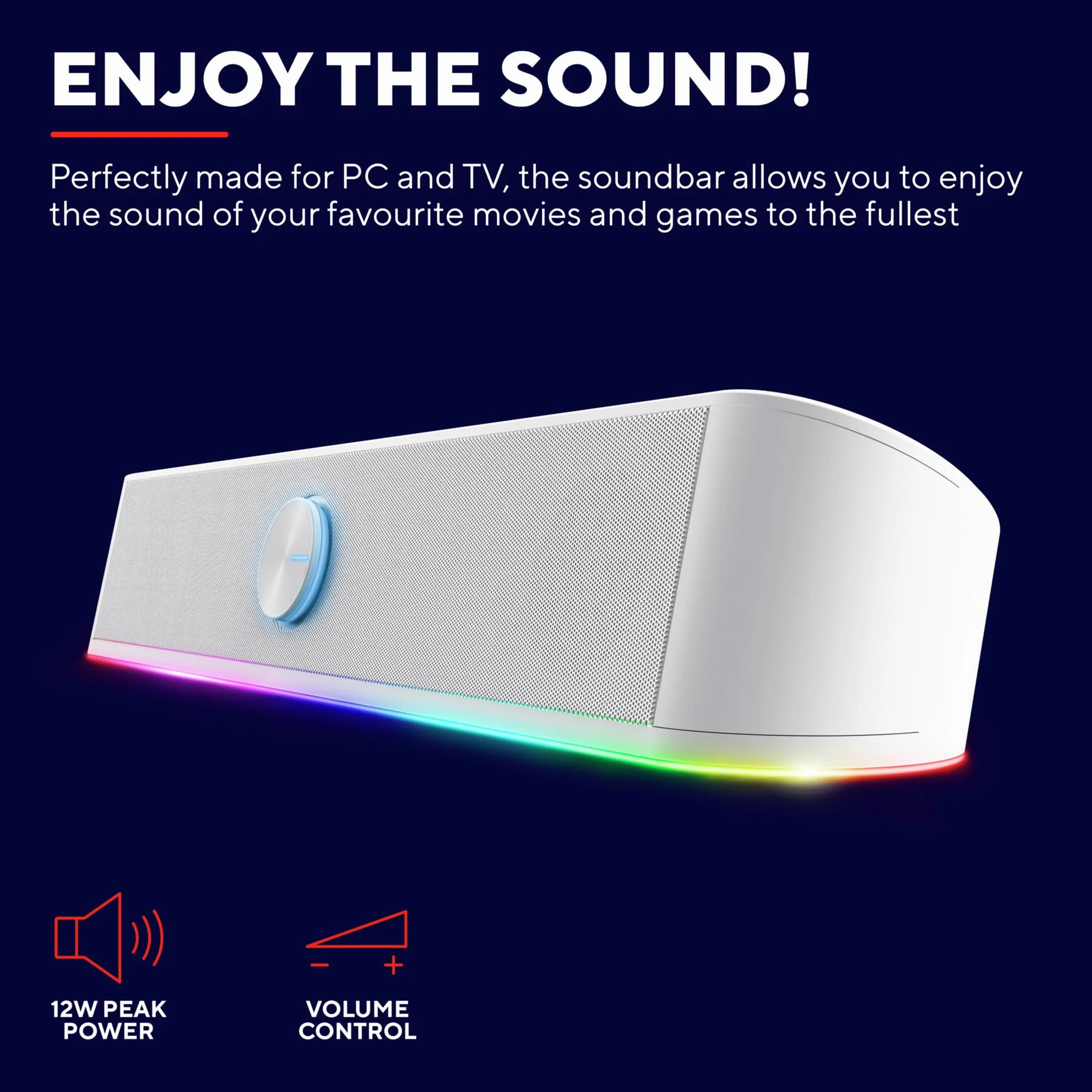 Trust Gaming GXT 619 W Thorne Soundbar z oświetleniem RGB 12 W, stereo głośniki komputerowe, jack 3,5 mm AUX, kompaktowy głośnik USB 2.0 do komputera stacjonarnego, laptopa – biały