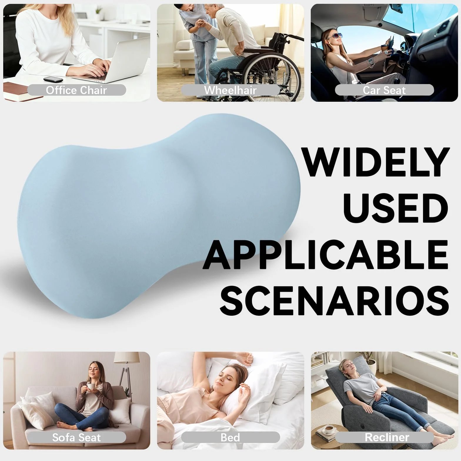 Poduszka lędźwiowa z pianki z pamięcią kształtu, ergonomiczna poduszka pod plecy, ortopedyczna poduszka na łóżko, krzesło, krzesło samochodowe i biurowe, do odciążenia (niebieska)