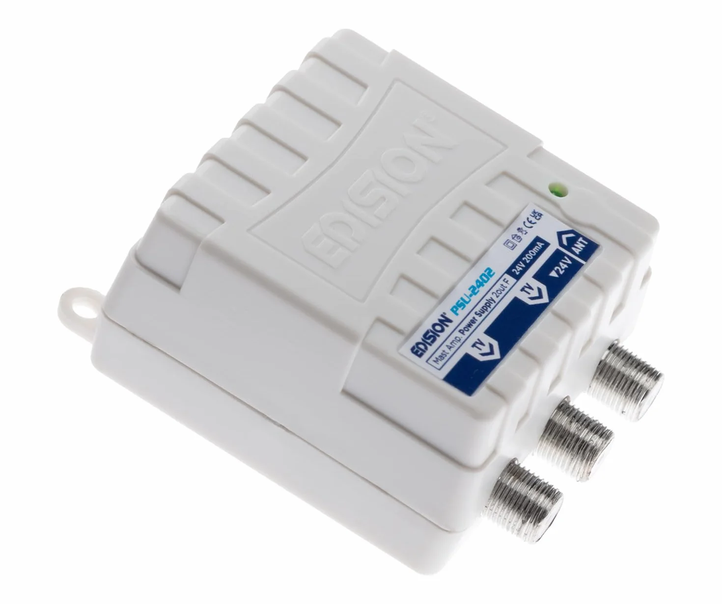 EDISION PSU-2402 wzmacniacz słupkowy anteny telewizyjnej ze złączem F, DC 24 V 200 mA, częstotliwością 5-862 MHz, 1 wejście, 2 wyjściami