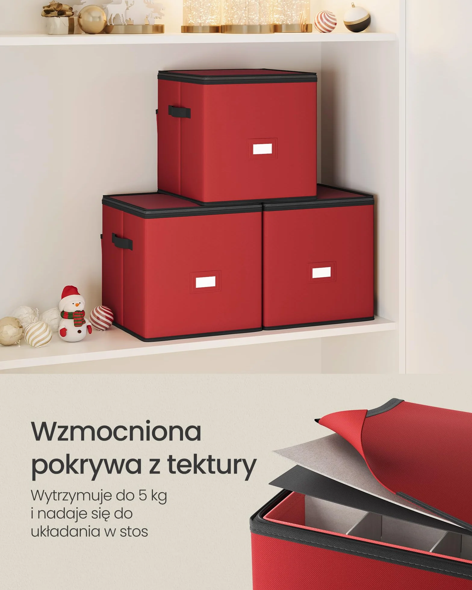 SONGMICS Pudełko na ozdoby świąteczne z pokrywką, z podwójnym zamkiem błyskawicznym, tacki z tworzywa PP, tkanina Oxford, 64 przegródki (po 7,6 cm), wiśniowo-czerwony RFB034R01