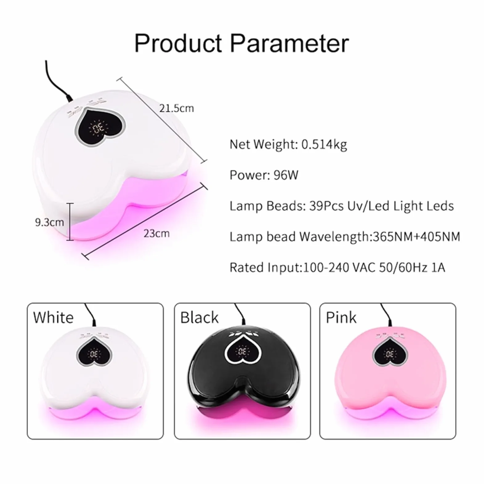 Lampa UV do paznokci, Lampa LED UV do paznokci 96 W UV-LED Profesjonalny kształt serca utwardzająca lakier żelowy Różowe światło słoneczne Suszarka Maszyna manicure Z kryształem górskim(Pink)