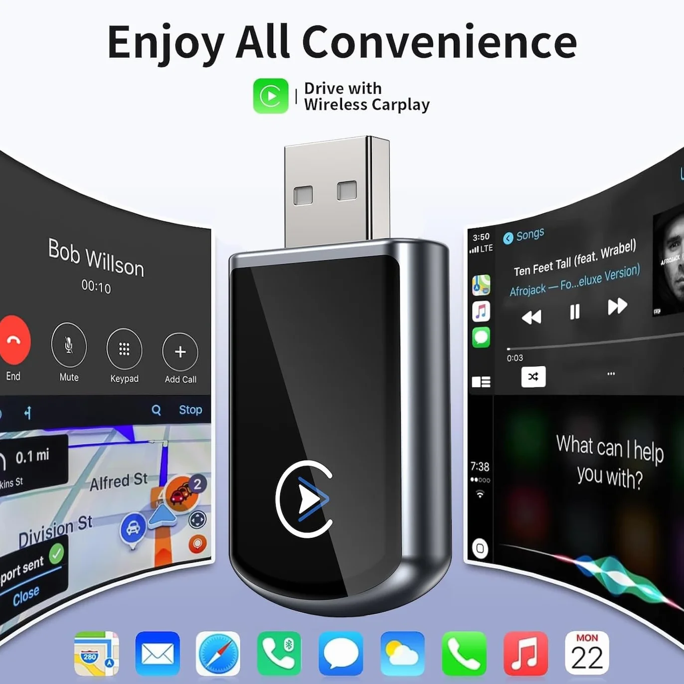 CarPlay bezprzewodowy klucz sprzętowy,szybka reakcja, szybkość transferu 5,0 GHz, automatyczne połączenie, asystent głosowy, plug-and-play,kompatybilny z aktualizacją OTA