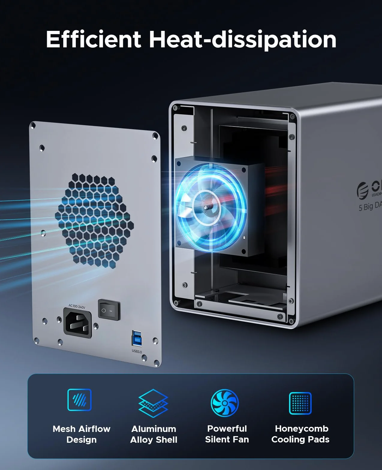 ORICO Aluminiowa Obudowa na Dyski Twarde dla 5 Dysków, Stacja Dokująca USB 3.0 dla Dysków 3.5 Cala do 22 TB Kompatybilna z MacOS i Windows (9858U3)