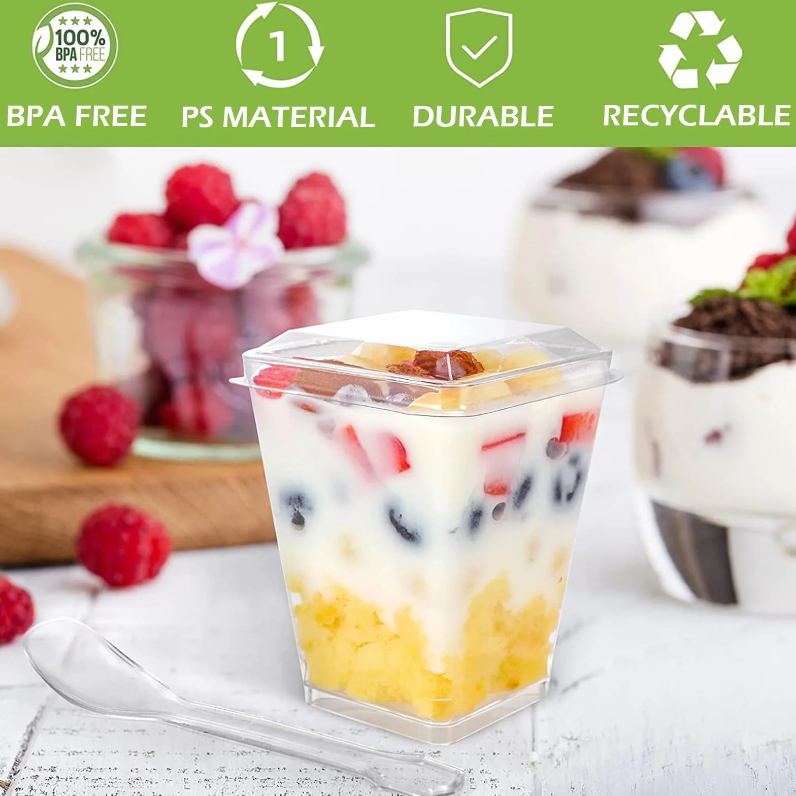 PALUDO 50 Sztuk Kubków Deserowych z Pokrywkami i Łyżkami, 150 ml, Plastikowe Zestaw
