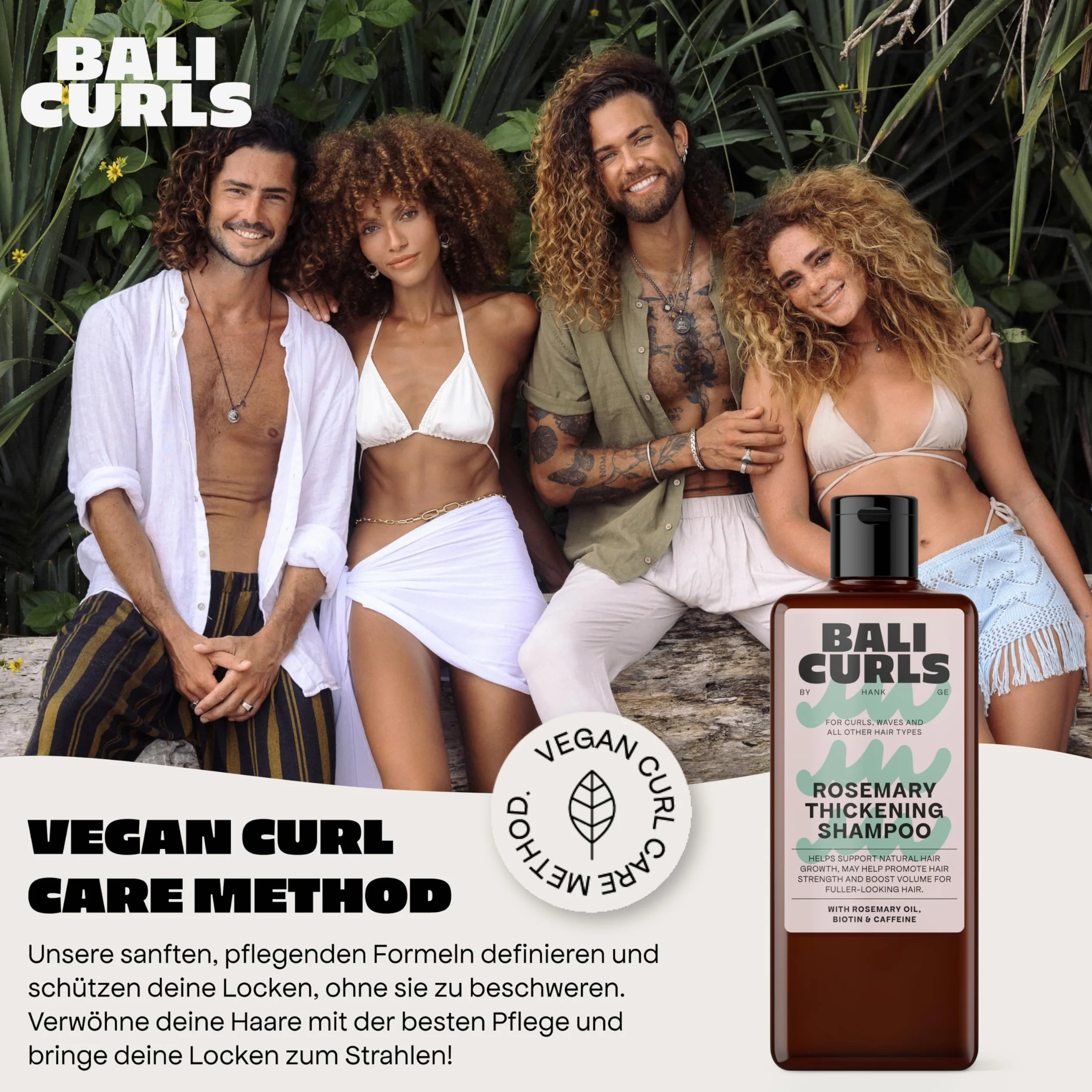 Bali Curls Rosemary Thickening Shampoo – Wzmacniający z olejkiem z rosmarinu, biotyną i kofeiną – Wegańska maska do włosów o objętości dla włosów delikatnych i cienkich – Przyjazny dla loków – 200 ml