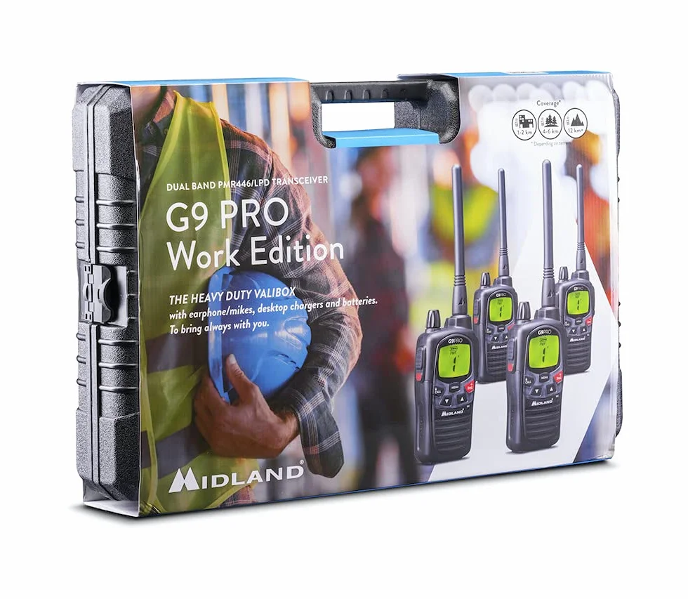Midland G9 Pro C1385.05 zestaw 4 urządzeń radiowych, 4 x krótkofalówki, wodoszczelne i z przyciskiem awaryjnym, wysoka jakość o bardzo dużej mocy nadawania, czarny, zestaw 4 walizek G9 Pro