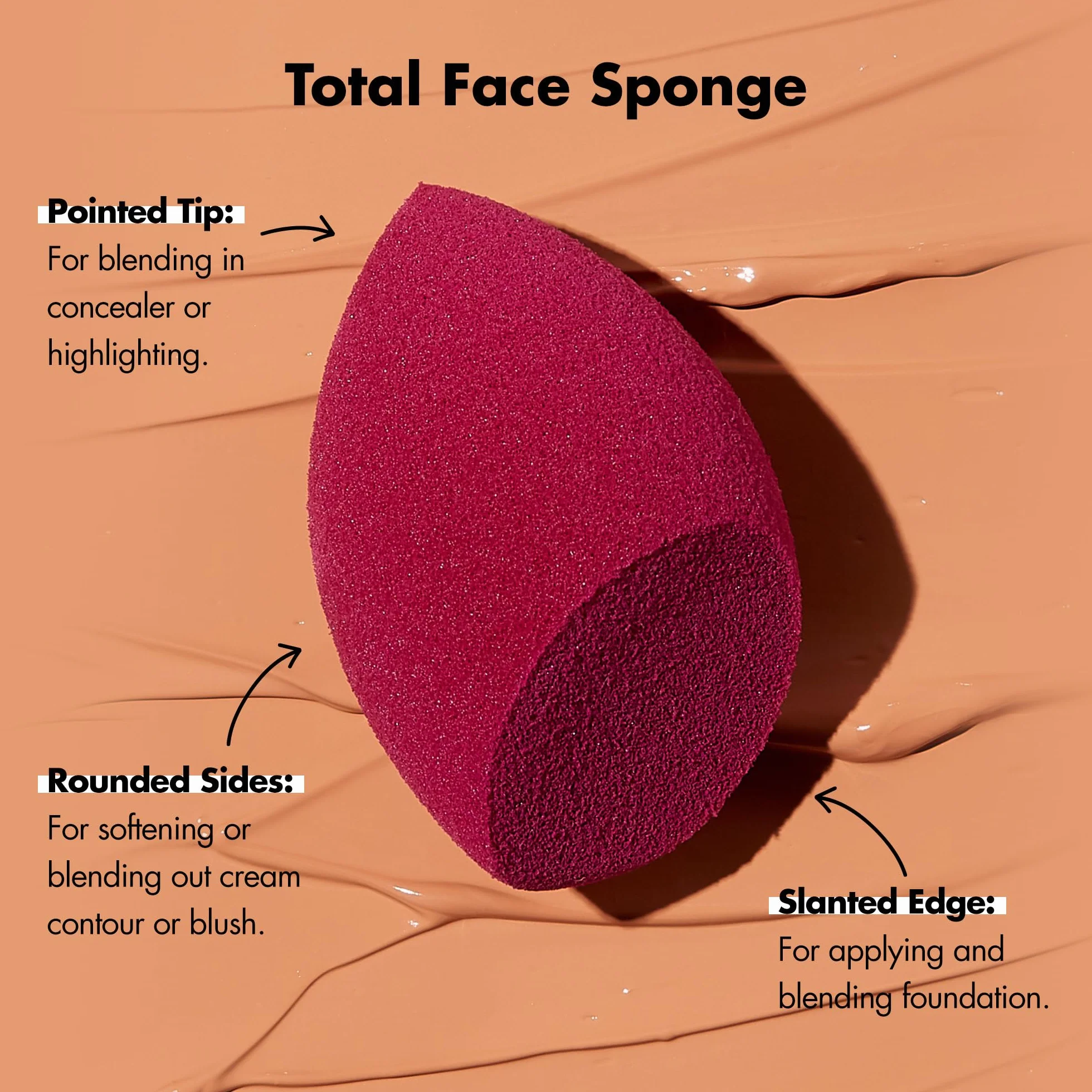 e.l.f, Total Face Sponge, wielostronna, bez lateksu, kątowa i zaokrąglona strona, mieszanki, kontury, rozświetla, kształty, definiuje, rzeźba, łatwa w czyszczeniu, łatwa w użyciu