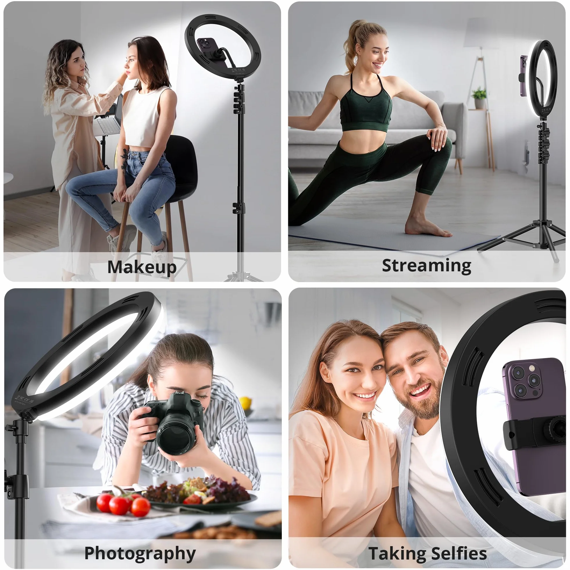 ATUMTEK Lampa pierścieniowa do selfie 25 cm z wysuwanym statywem o długości 140 cm, z uchwytem na telefon i pilotem Bluetooth, do streamowania, platform TikTok, Zoom, YouTube, vlogowania itp.