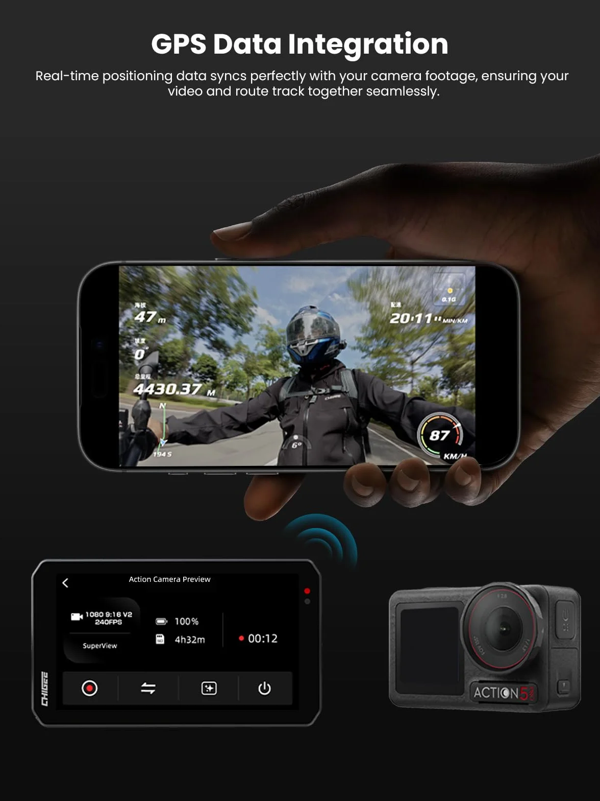 CHIGEE AIO-5 Evo 5" motocykl Carplay System nawigacji GPS z bezprzewodową funkcją CarPlay i Android Auto, podwójny aparat 1080p, wykrywanie punktu w ciemno, sterowanie kamerą akcji, wodoodporność