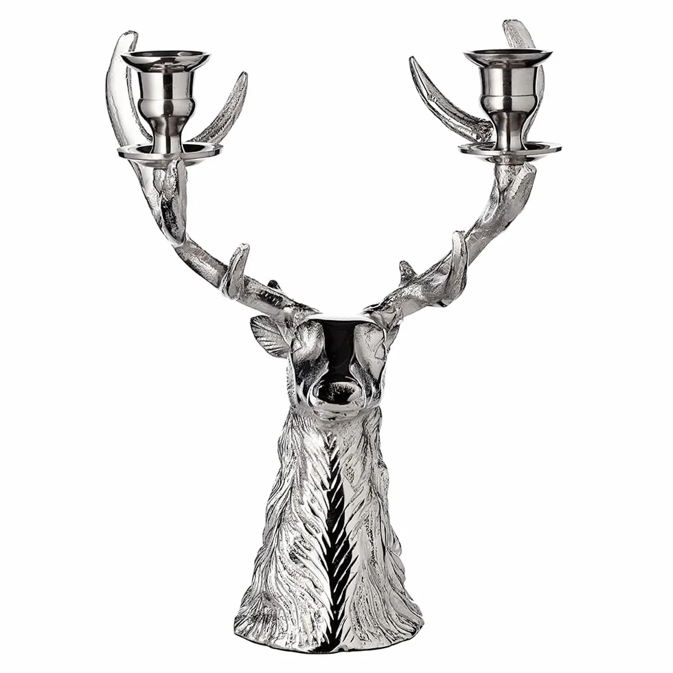 EDZARD Świecznik jeleń aluminium niklowane 33 cm 2 stożkowe świeczki