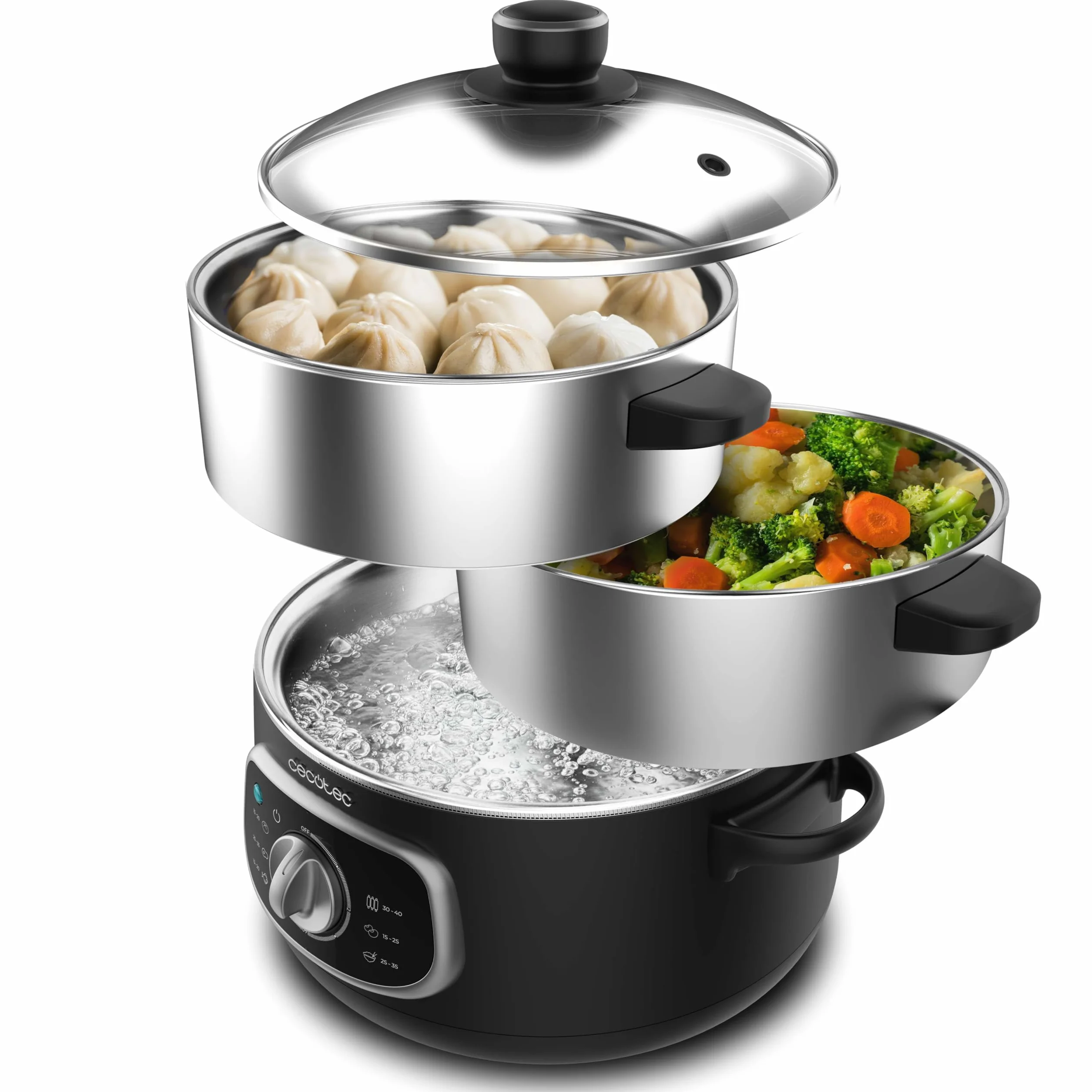 Cecotec Vapovita Steelpot Elektryczna parownica, moc 1300 W, pojemniki ze stali nierdzewnej, pojemność 10 l, regulowany czas, automatyczne wyłączanie, łatwe czyszczenie, specjalna pokrywa, zdrowa