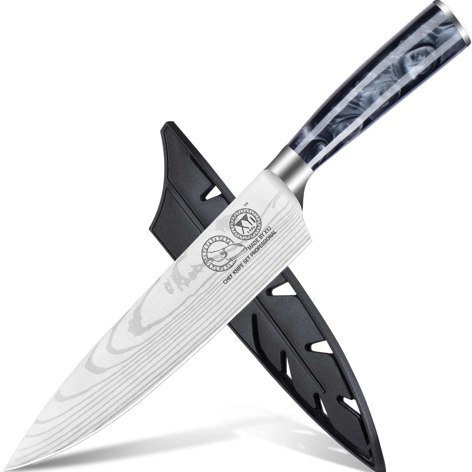 XYJ Authentic Since 1986,8 Inch Japanese Chef Knife,Stainless Steel,Vein Damascus Pattern Sharp Blade,Meat Cleaver for Meat Cutting,Professional Kitchen Knife With Sheath,Outdoor Camping BBQ
