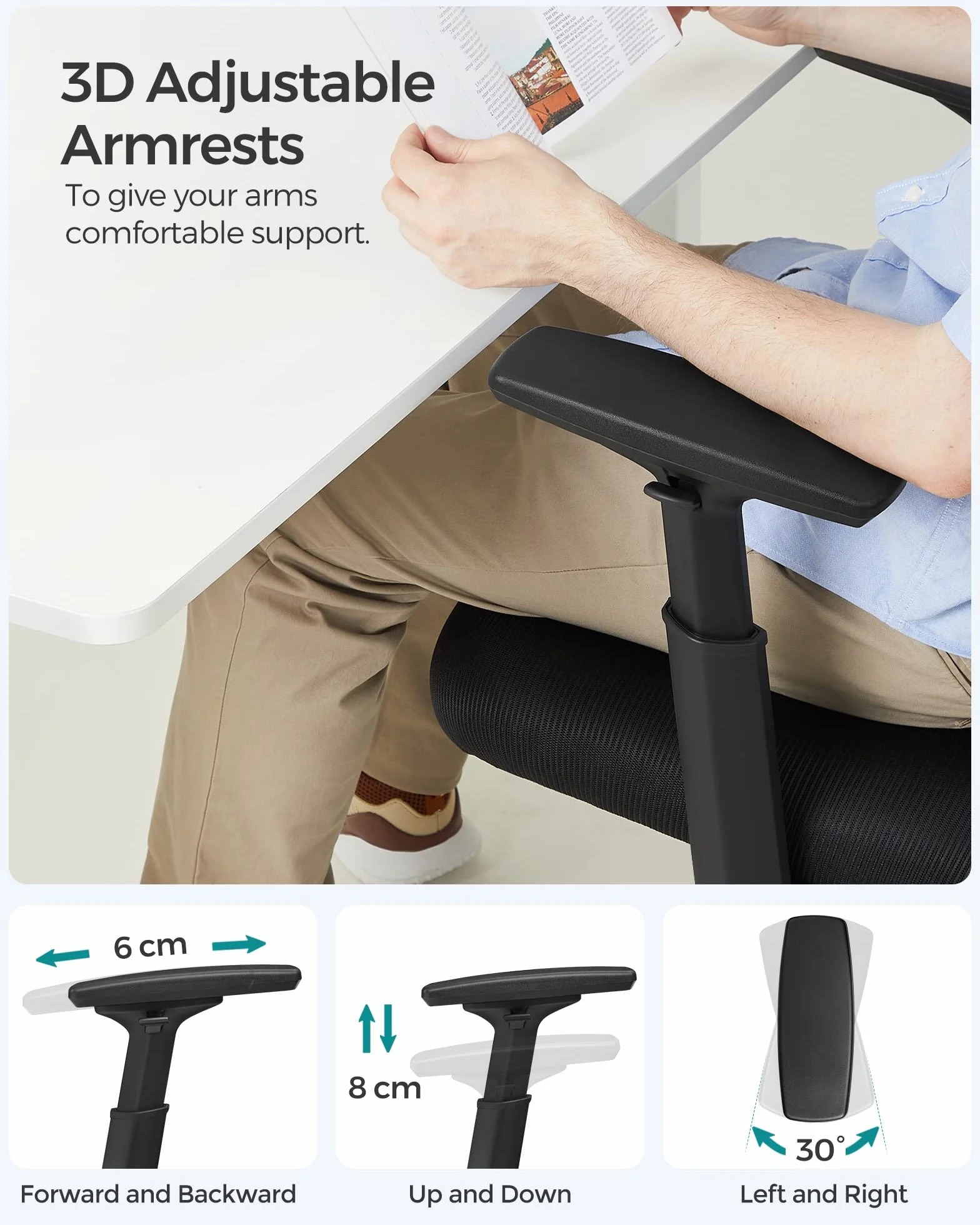SONGMICS Krzesło biurowe, krzesło biurowe, ergonomiczne krzesło obrotowe, krzesło komputerowe, pokrycie siatkowe, oparcie regulowane w 4 stopniach, nośność do 120 kg, czarny OBN064B01