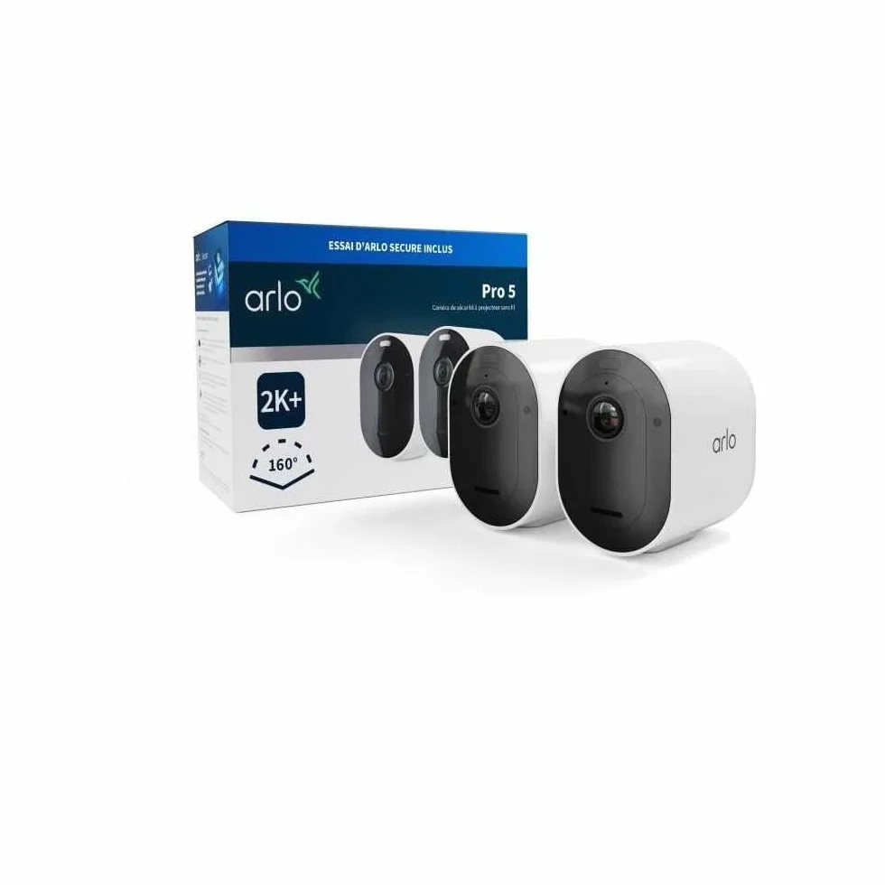 Arlo Zewnętrzna kamera bezpieczeństwa Pro 5 WLAN, 2K UHD, zestaw 2 szt., biały, ulepszone widzenie w nocy, kąt widzenia 160°, dźwięk dwukierunkowy, z wersją próbną bezpiecznego planu