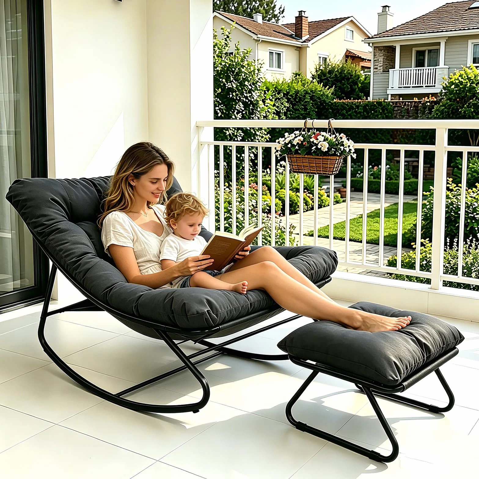 Fotel bujany z taboretem do salonu 150 kg szary 100x77x70 cm