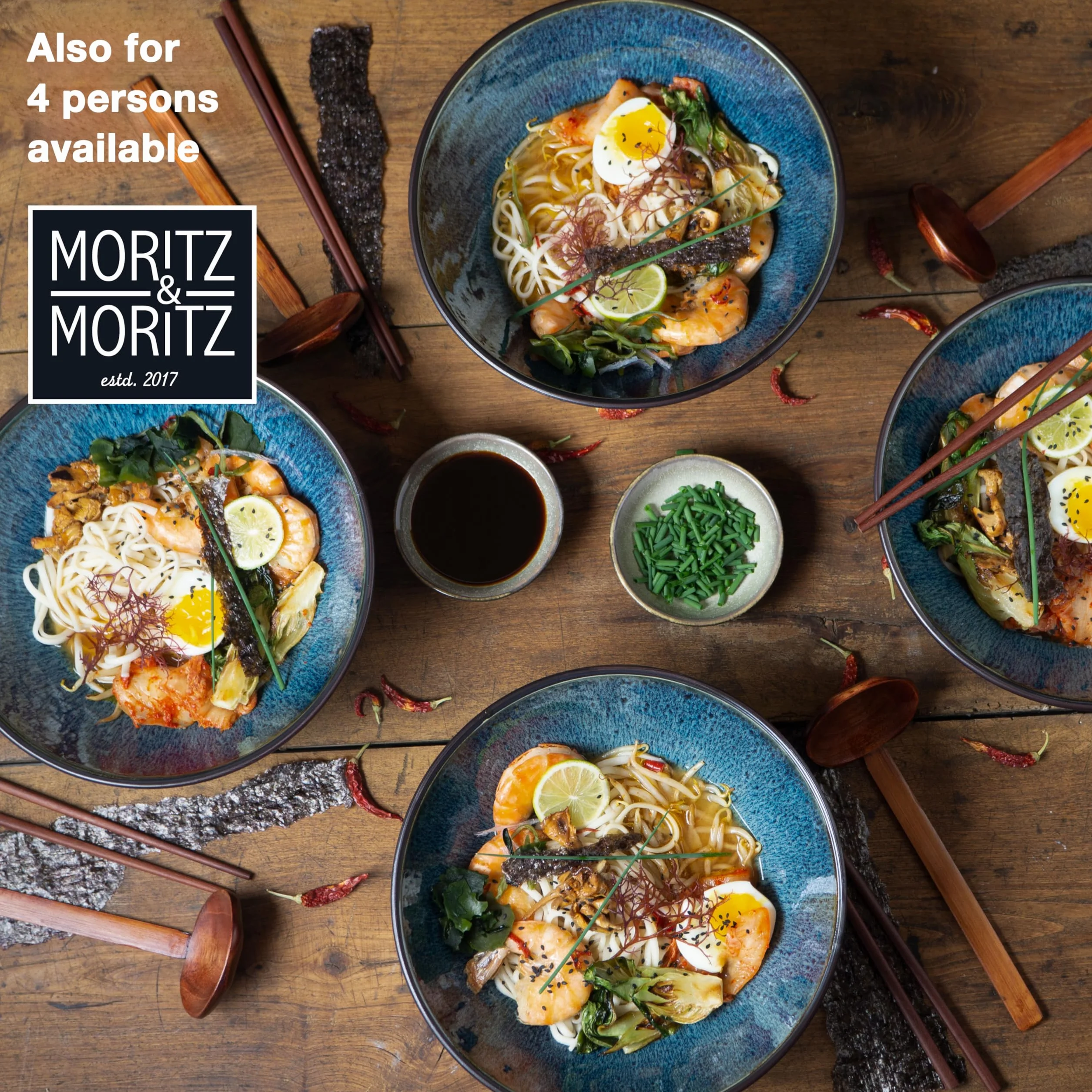Moritz & Moritz SOLID Ceramiczna Miska Ramen 800-1300 ml Ø 24 cm Niebieski Zestaw dla 2 Osób z Pałeczkami i Łyżeczką