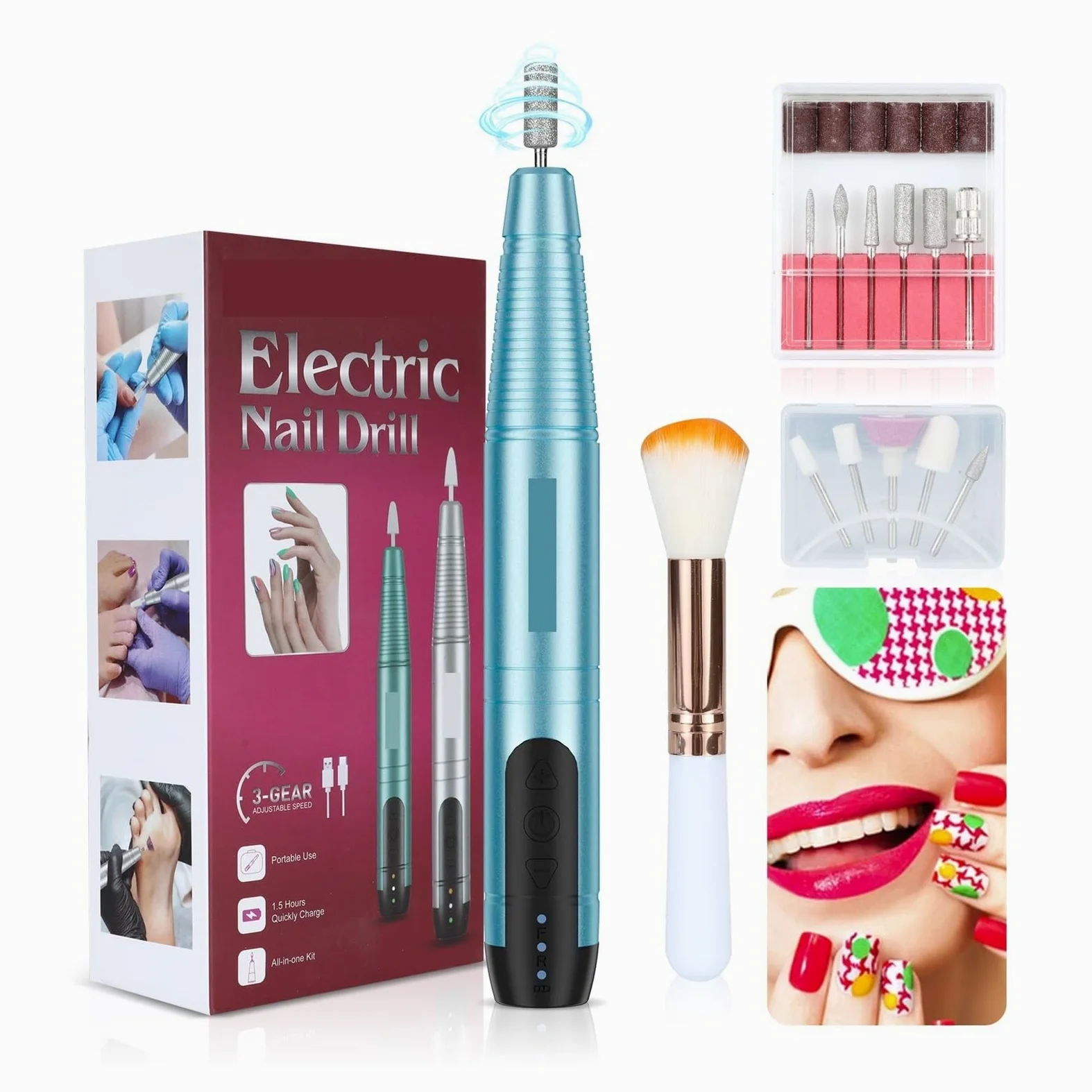Obcinacz do paznokci, Bezprzewodowa wiertarka do paznokci pilnik elektryczny, akumulatorowa szlifierka do paznokci, przenośny zestaw wiertarki do paznokci do manicure i pedicure(Sky blue kit)