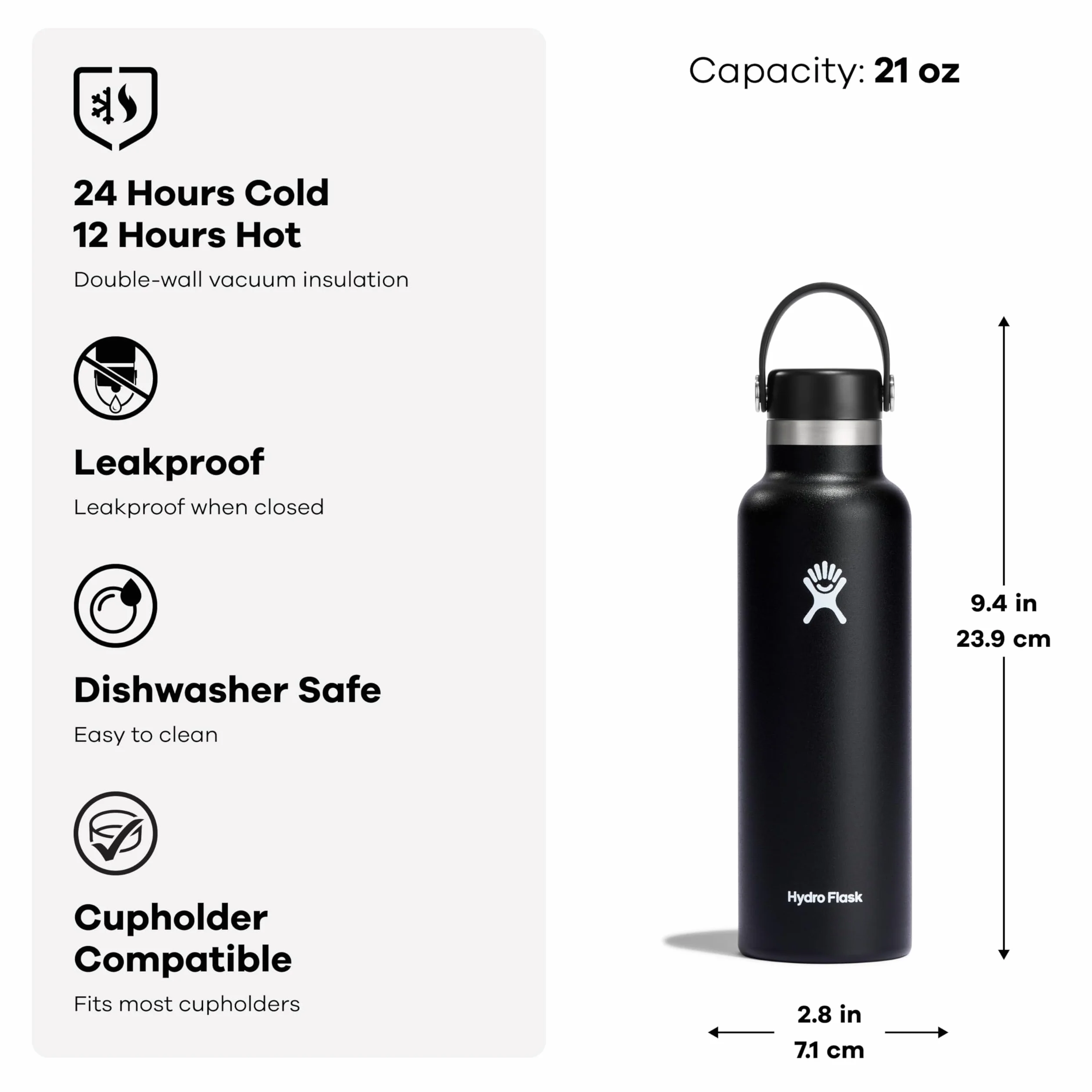 HYDRO FLASK Butelka na wodę 621 ml 21 oz Izolowana próżniowo stal nierdzewna Szczelna zakrętka Flex Bez BPA Standardowy gwint Biały