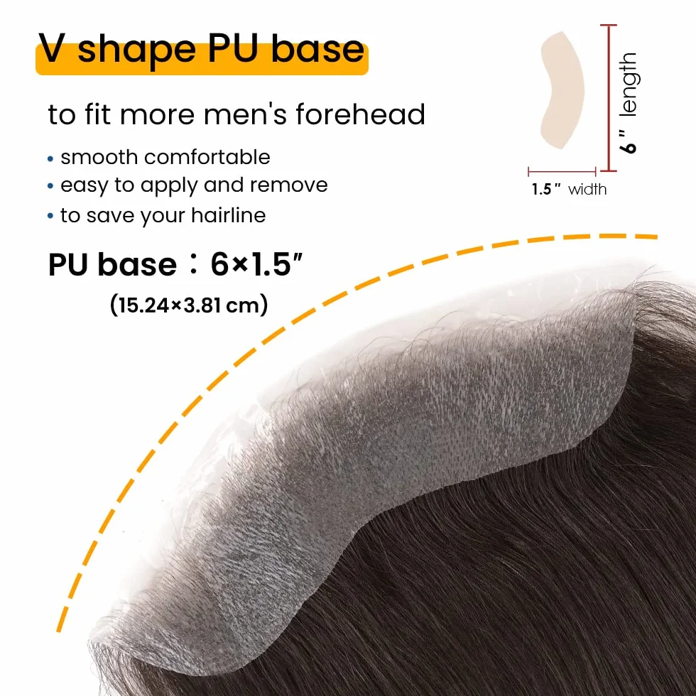 Lordhair Tupecik do wyrównania linii włosów, dla mężczyzn,, treska z przodu, tupecik w kształcie litery V, 100% naturalnych ludzkich włosów z cienką skórą PU zakrywającą męską łysinę