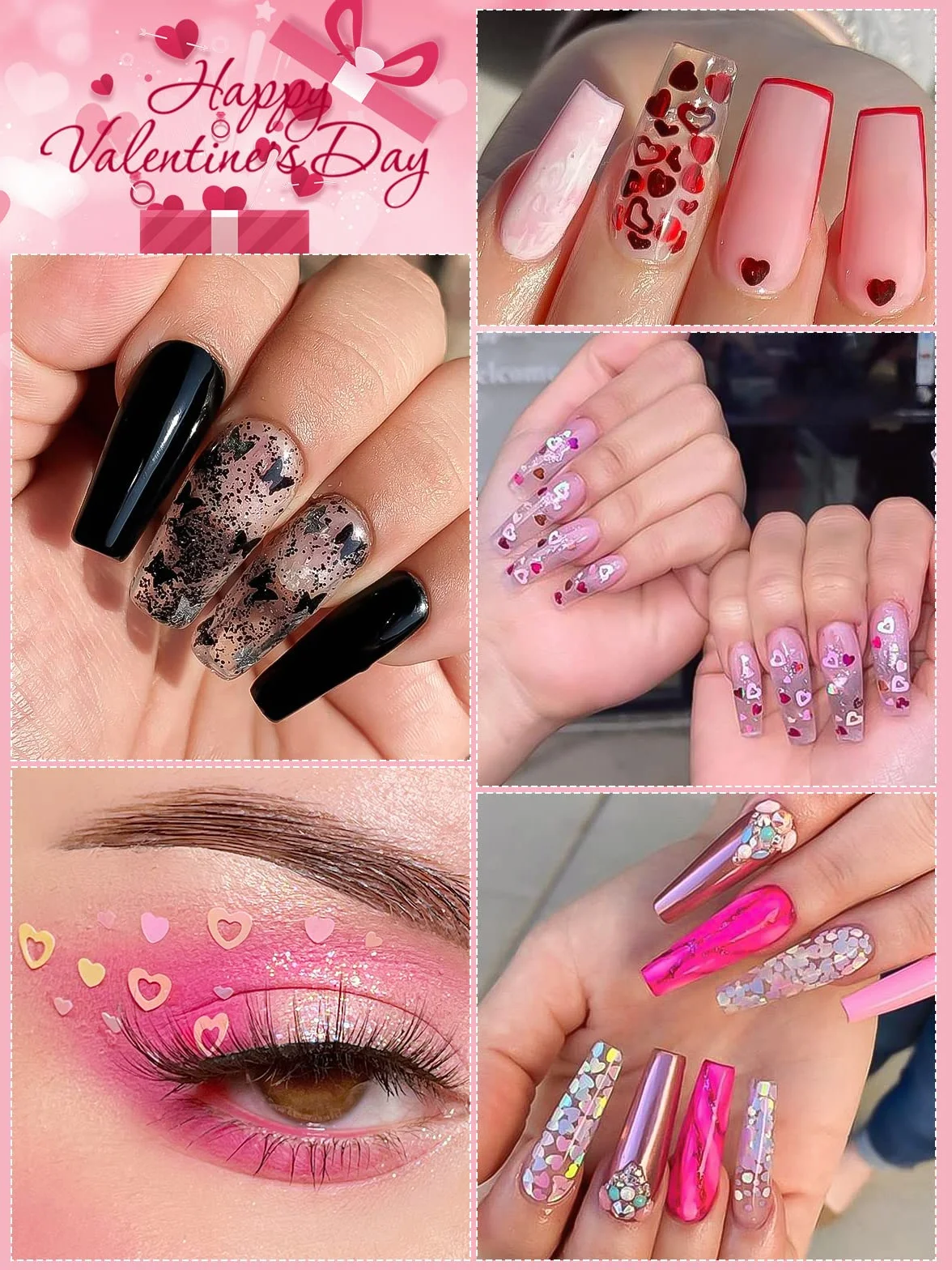 Kalolary 3 x cekiny do zdobienia paznokci walentynkowe, cekiny w kształcie serca, cekiny do paznokci, w kształcie wargi, kwiatowe, holograficzne cekiny do manicure, twarzy, ciała, dekoracji, E