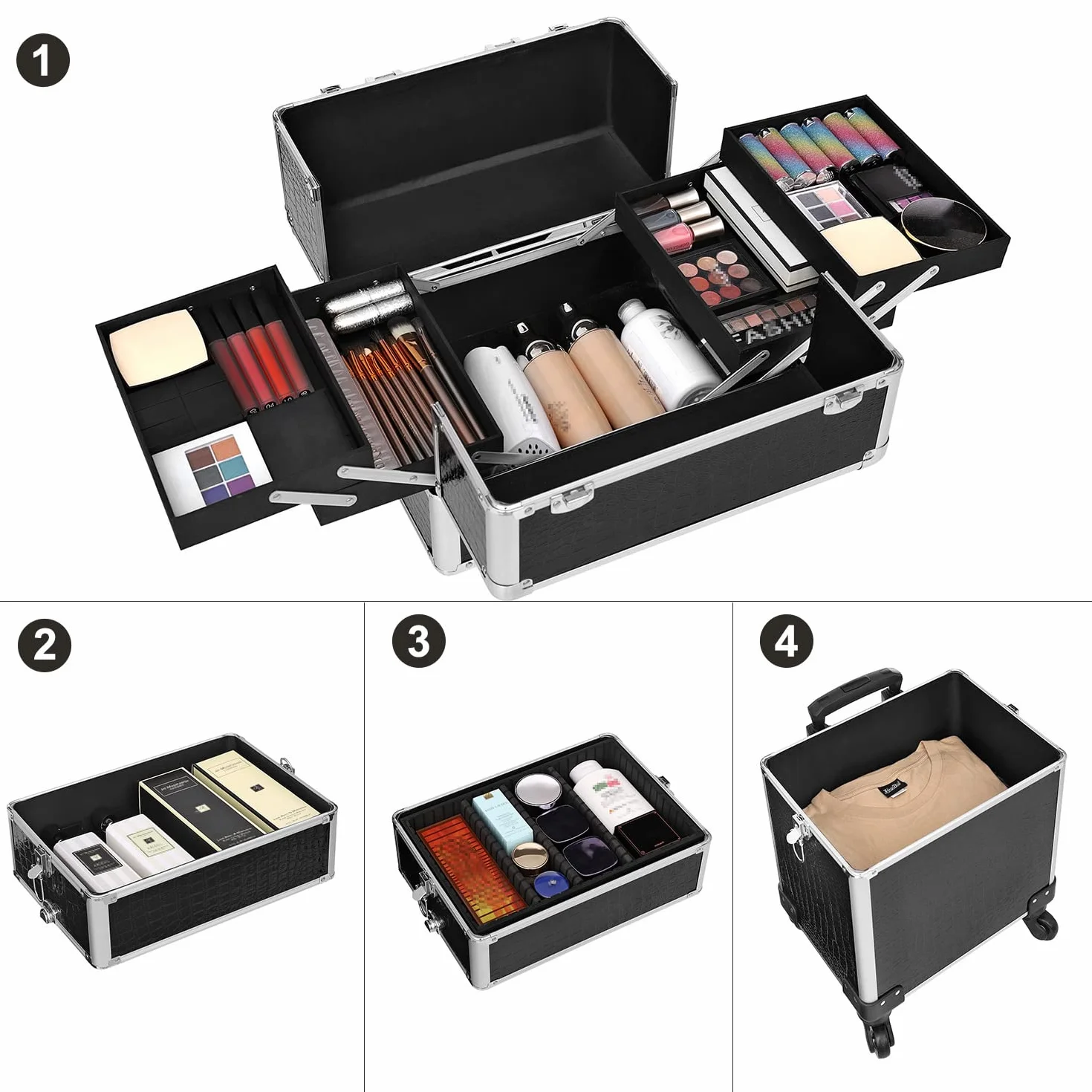 SONGMICS Aluminiowa walizka na kółkach, walizka fryzjerska, kuferek na kosmetyki bez zawartości, bagaż podręczny, Beauty Case, 4 w 1, XXL, czarna JHZ06B
