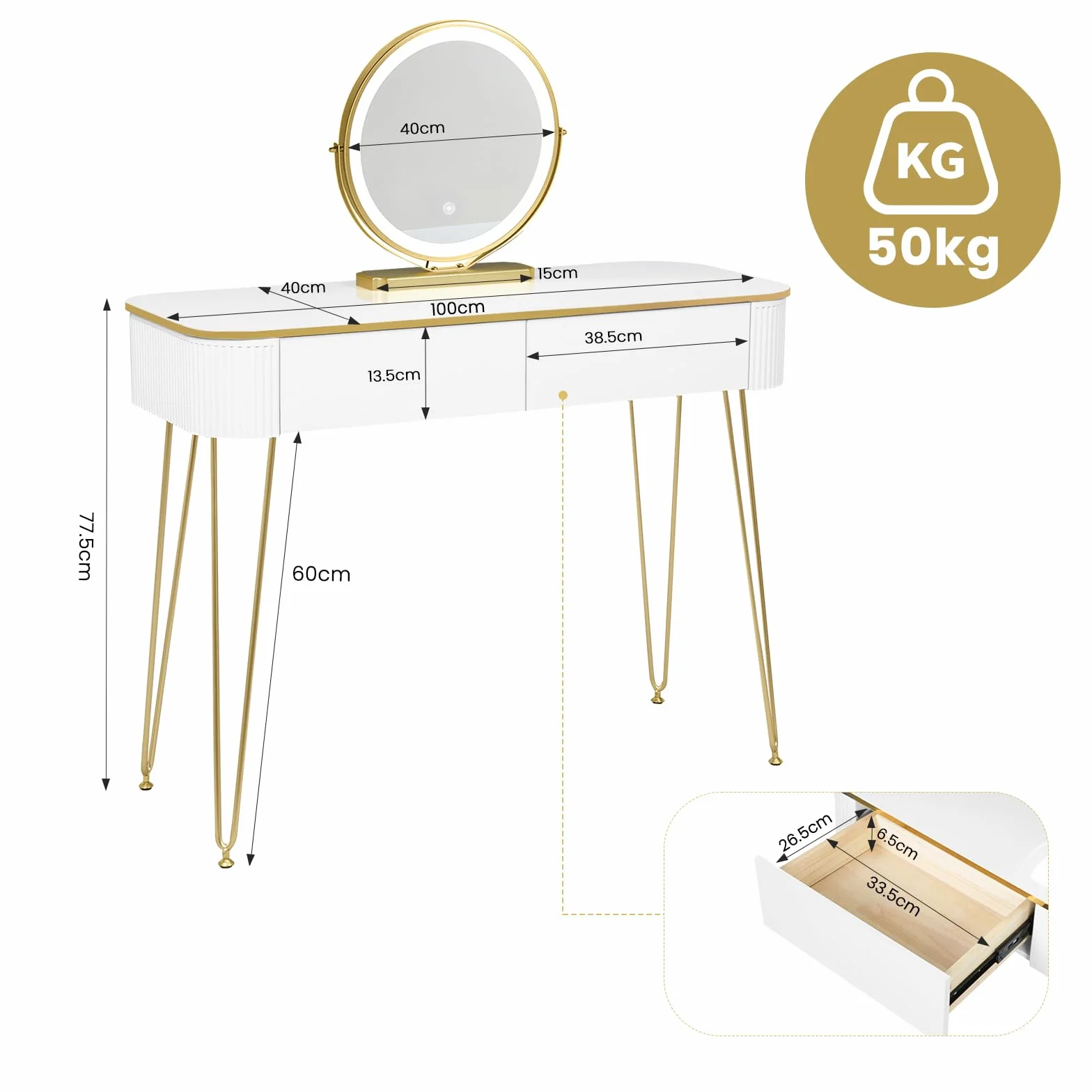 EUGAD Toaletka z lustrem LED, regulowana jasność, biurko z 2 szufladami, białe biurko do makijażu, złote metalowe nogi, blat 100 x 40 cm, nowoczesne meble do sypialni, 0057SZT