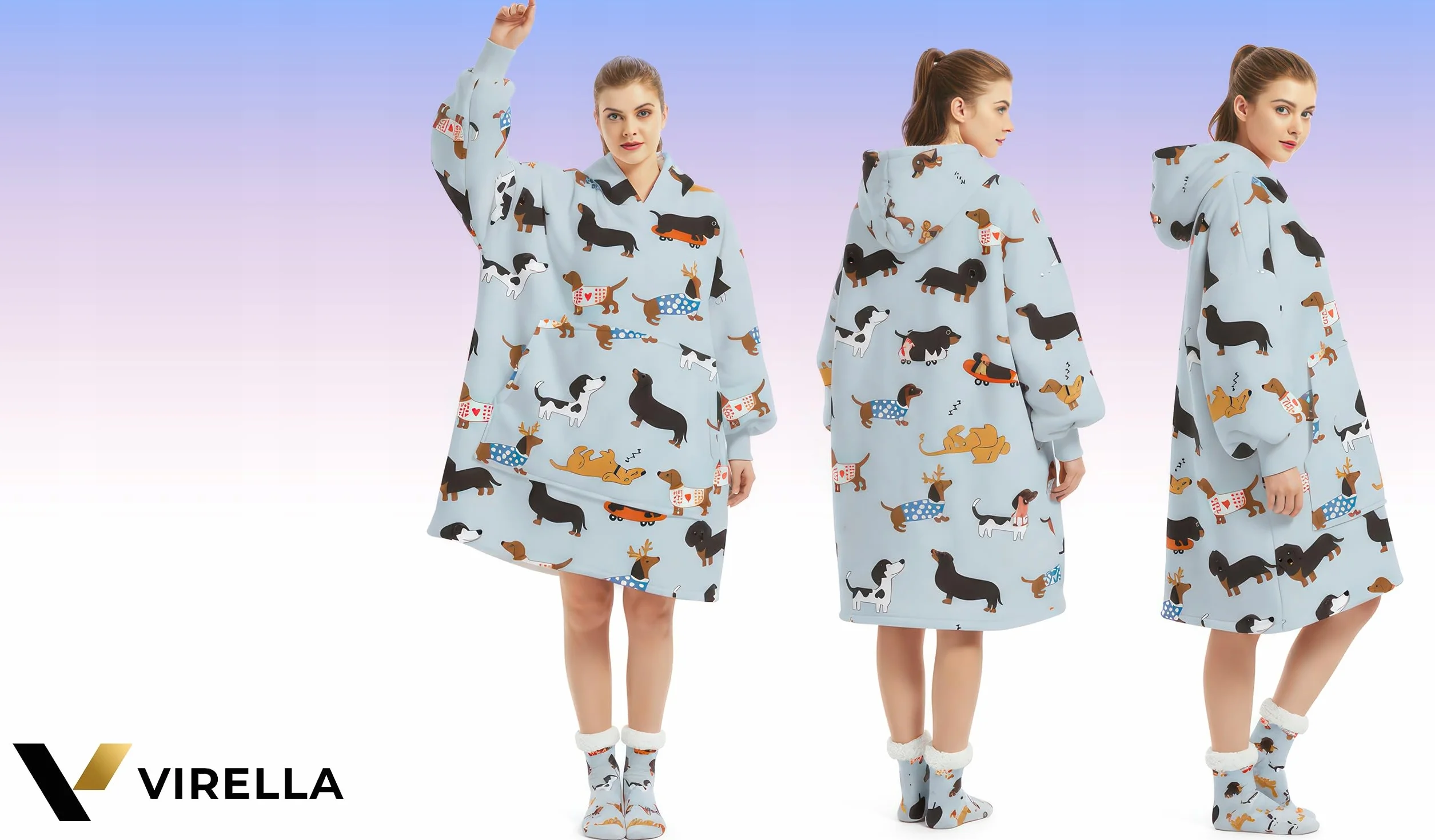 VIRELLA Kocobluza Oversize Dwuwarstwowa Polar XXL + Sherpa z Kapturem i Kieszenią – Gruba Bluza Koc Unisex