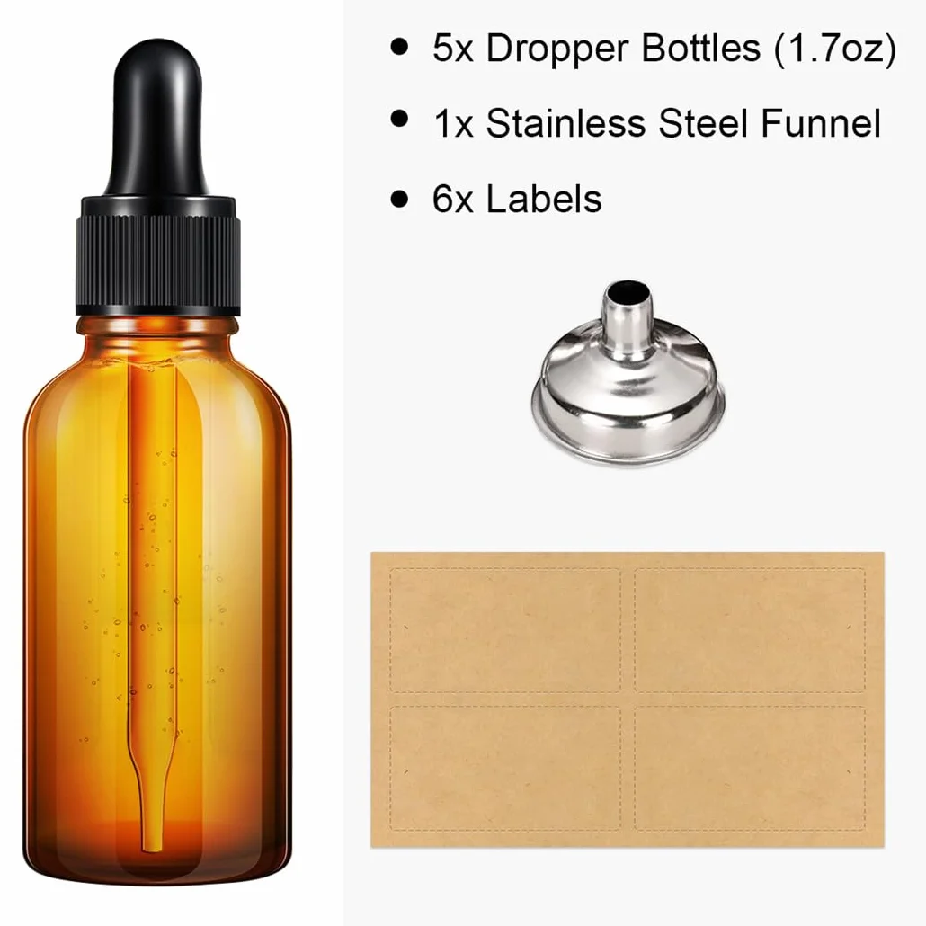 Butelki z pipetą 50 ml, butelki z pipetą, 5 sztuk, szklane butelki, pipeta, butelki apteczne, z lejkiem, naklejka, butelki z brązowego szkła, na olejki eteryczne, perfumy